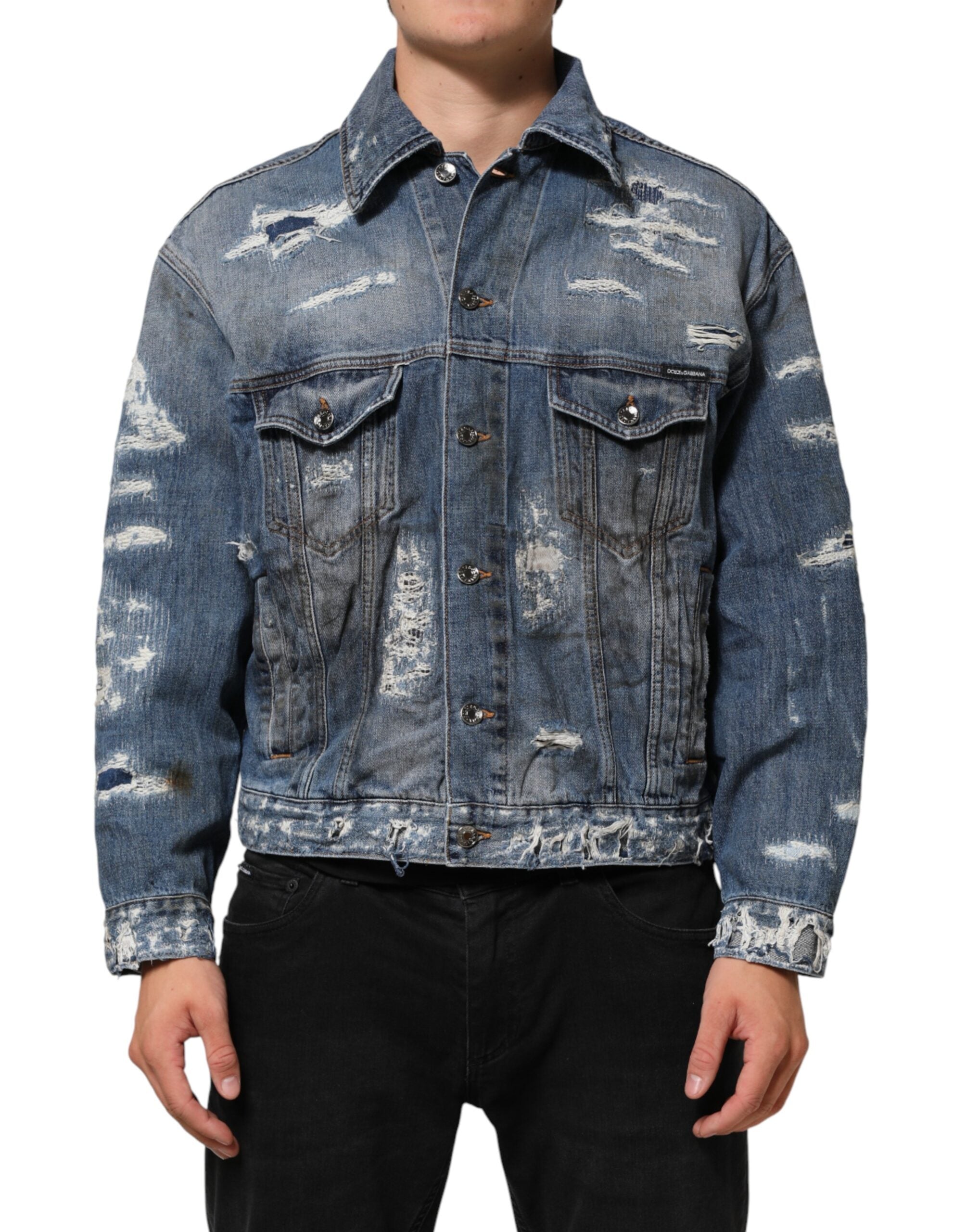 Blouson en jean en coton bleu tacheté de Dolce & Gabbana, style décontracté avec détails déchirés.