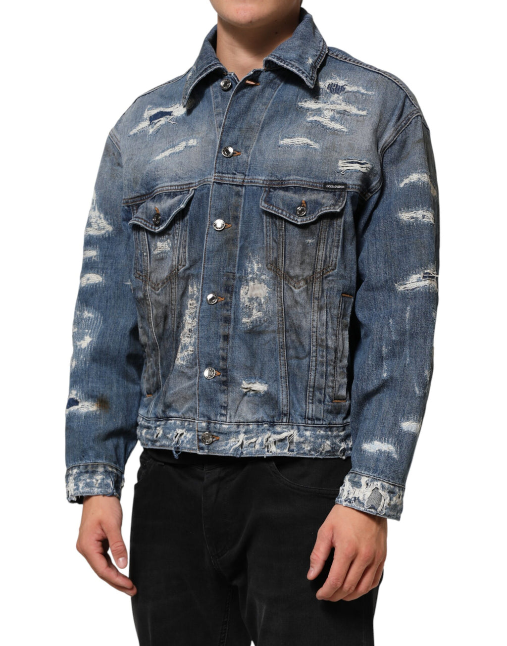 Veste en jean déchirée en coton bleu de Dolce & Gabbana, style décontracté avec détails usés et coupe ajustée.