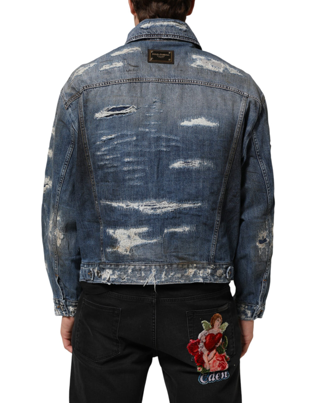 Veste en jean déchirée en coton bleu Dolce & Gabbana, style décontracté et tendance avec détails usés.