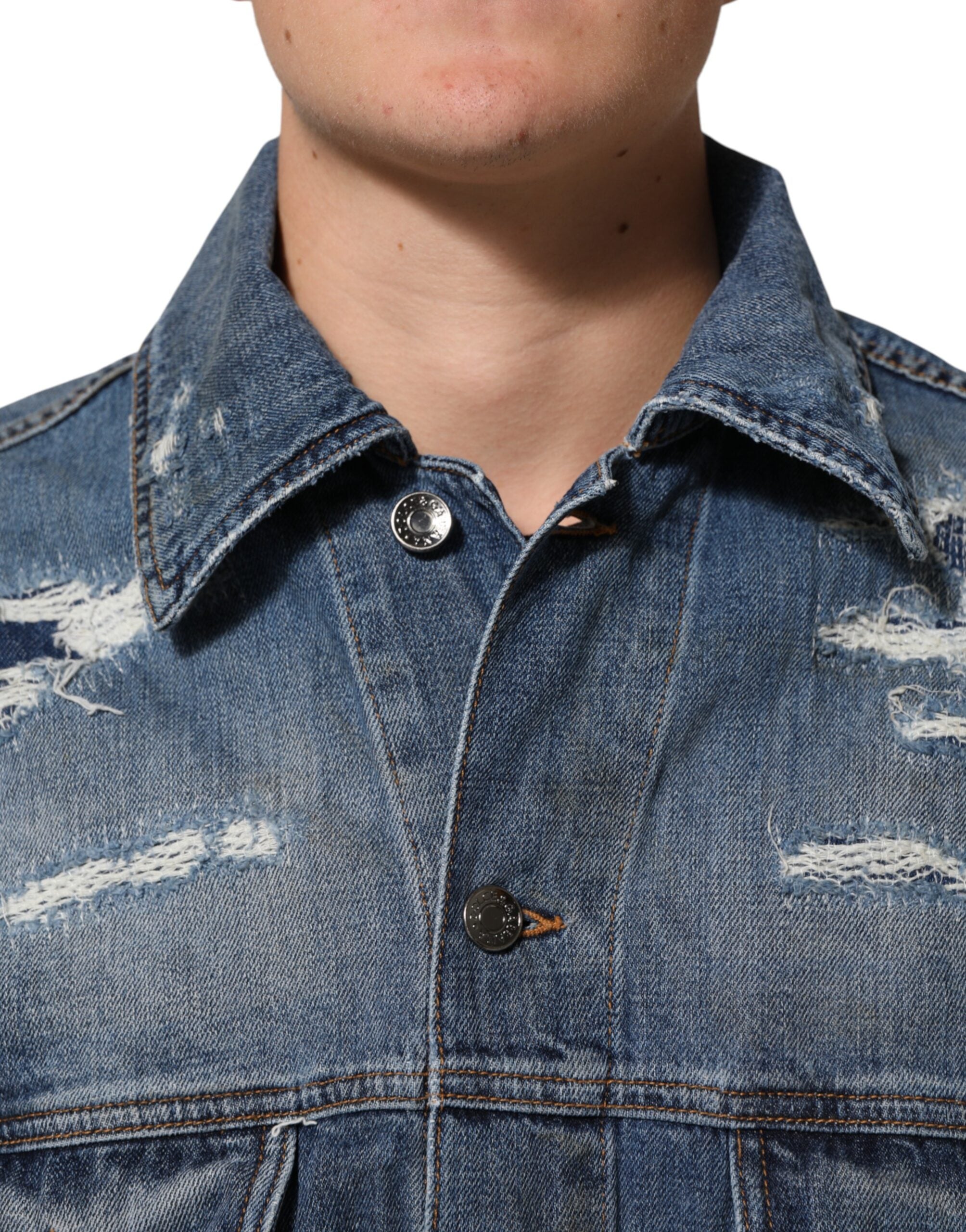 Veste en jean déchirée en coton bleu Dolce & Gabbana, style décontracté avec détails usés, pour homme ou femme.