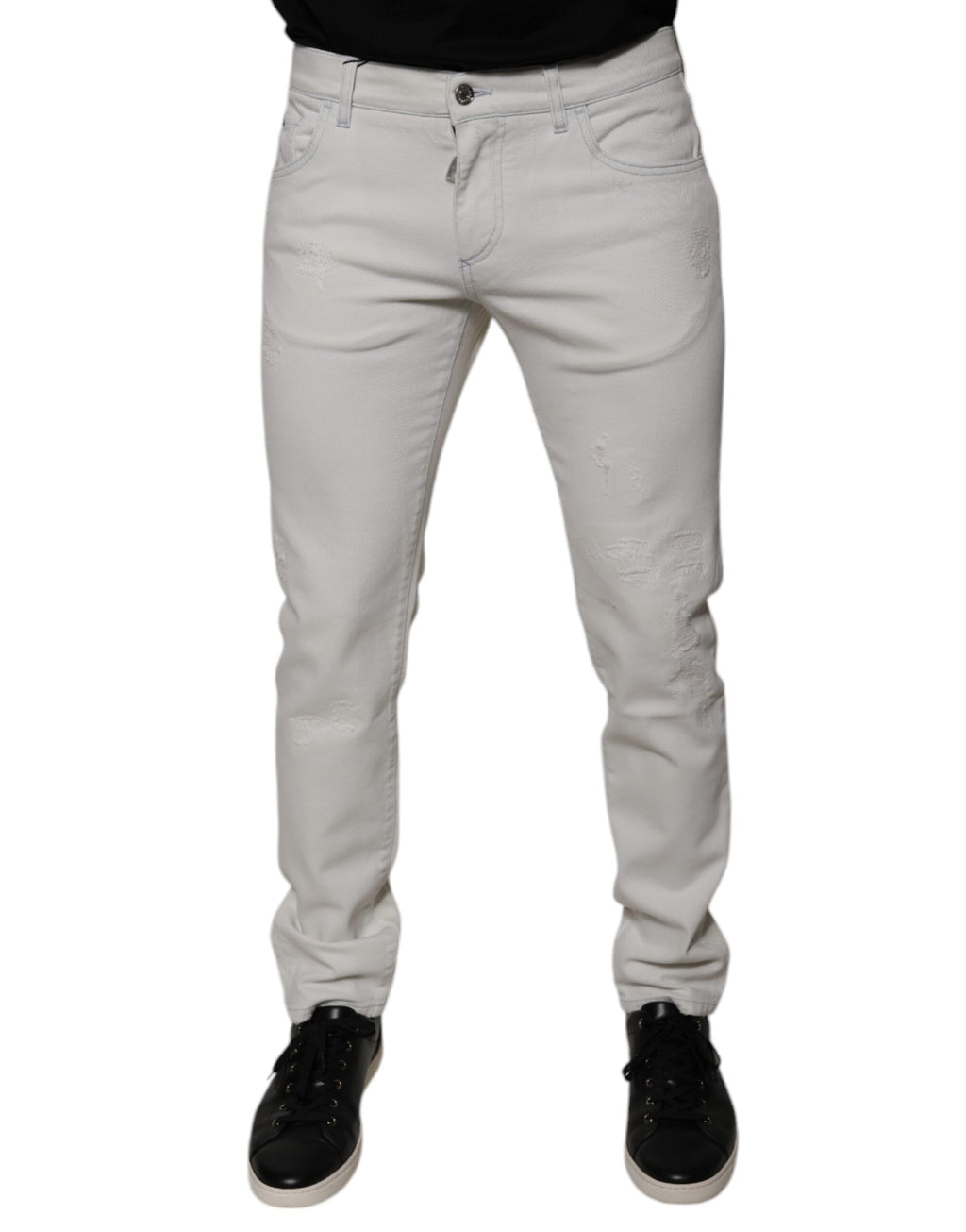 Jeans skinny en coton stretch blanc pour homme de Dolce & Gabbana, vue de face, détails de la coupe ajustée et des poches.