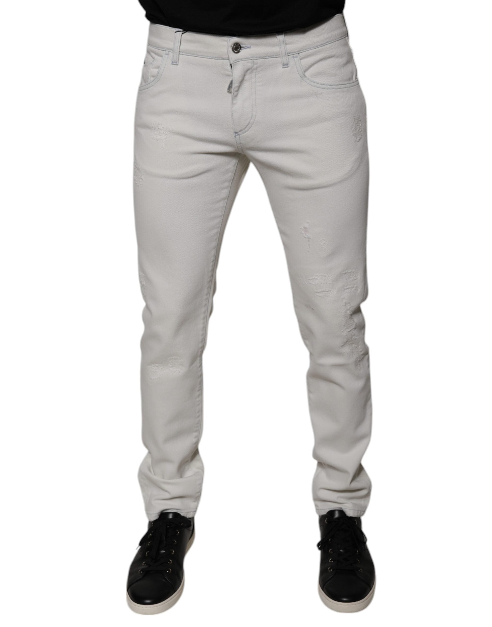 Jeans hommes Dolce & Gabbana en coton blanc stretch skinny, denim ajusté avec détails modernes.