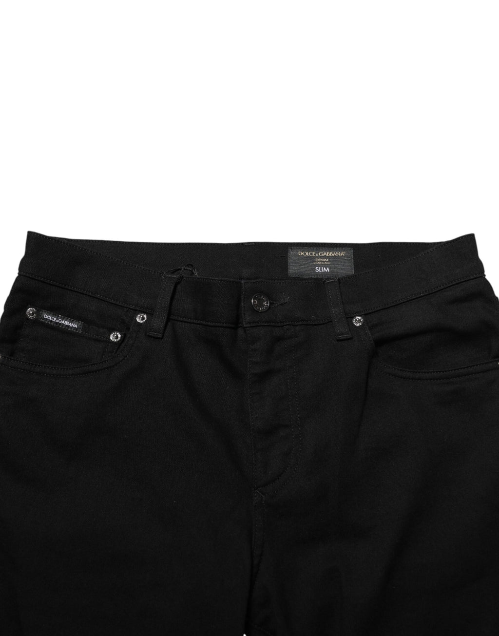 Jean homme Dolce & Gabbana en coton noir, coupe slim, stretch, denim, visible avec poches et détails de couture.