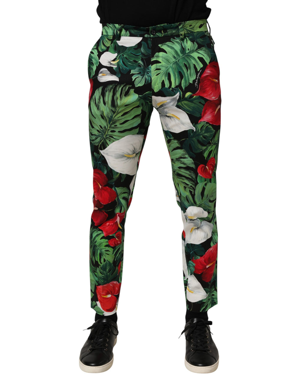 Pantalon en coton à coupe tapered avec imprimé floral multicolore Dolce & Gabbana, vue de face.