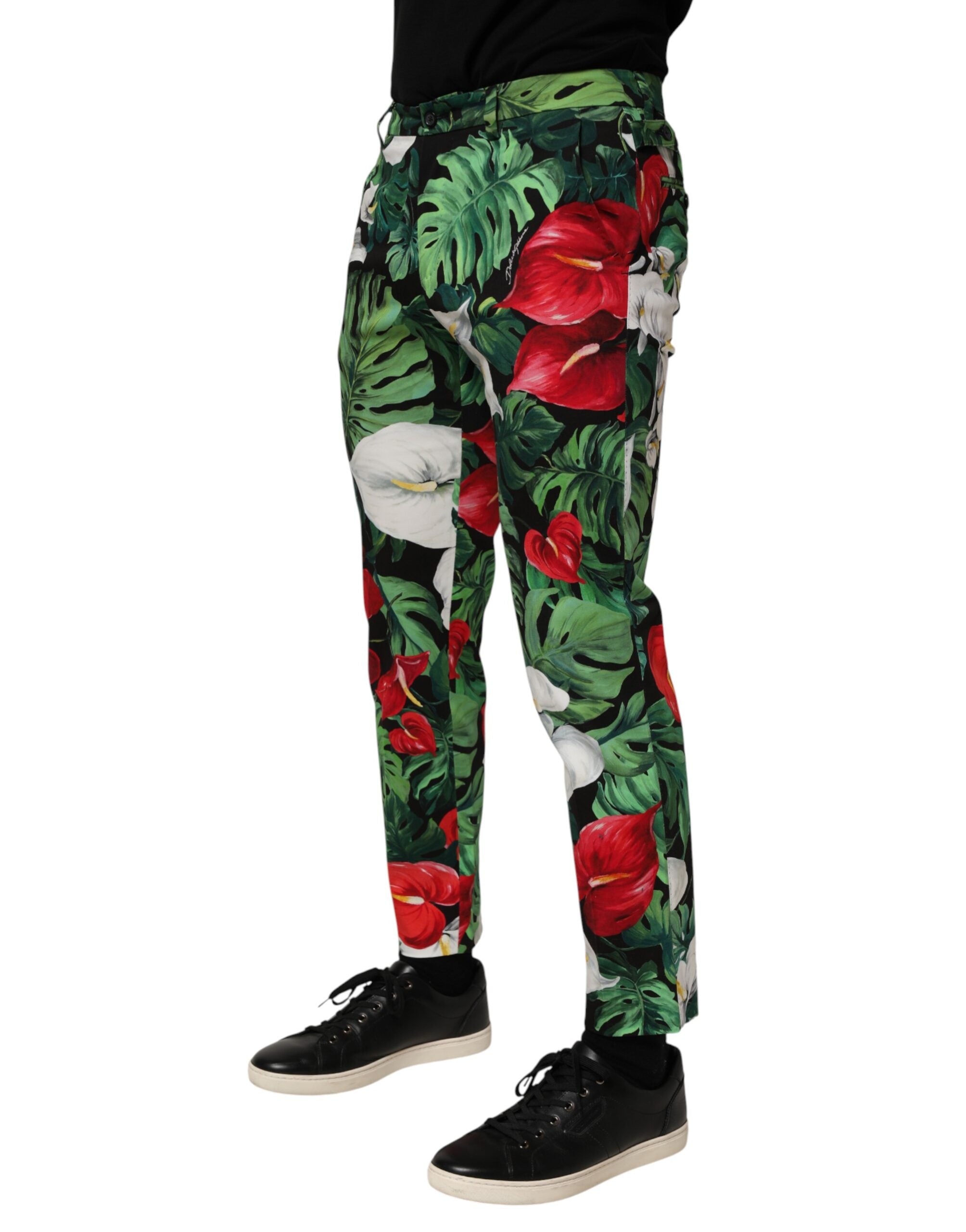 Pantalon en coton à coupe tapered avec motif floral multicolore de Dolce & Gabbana, style élégant et coloré.