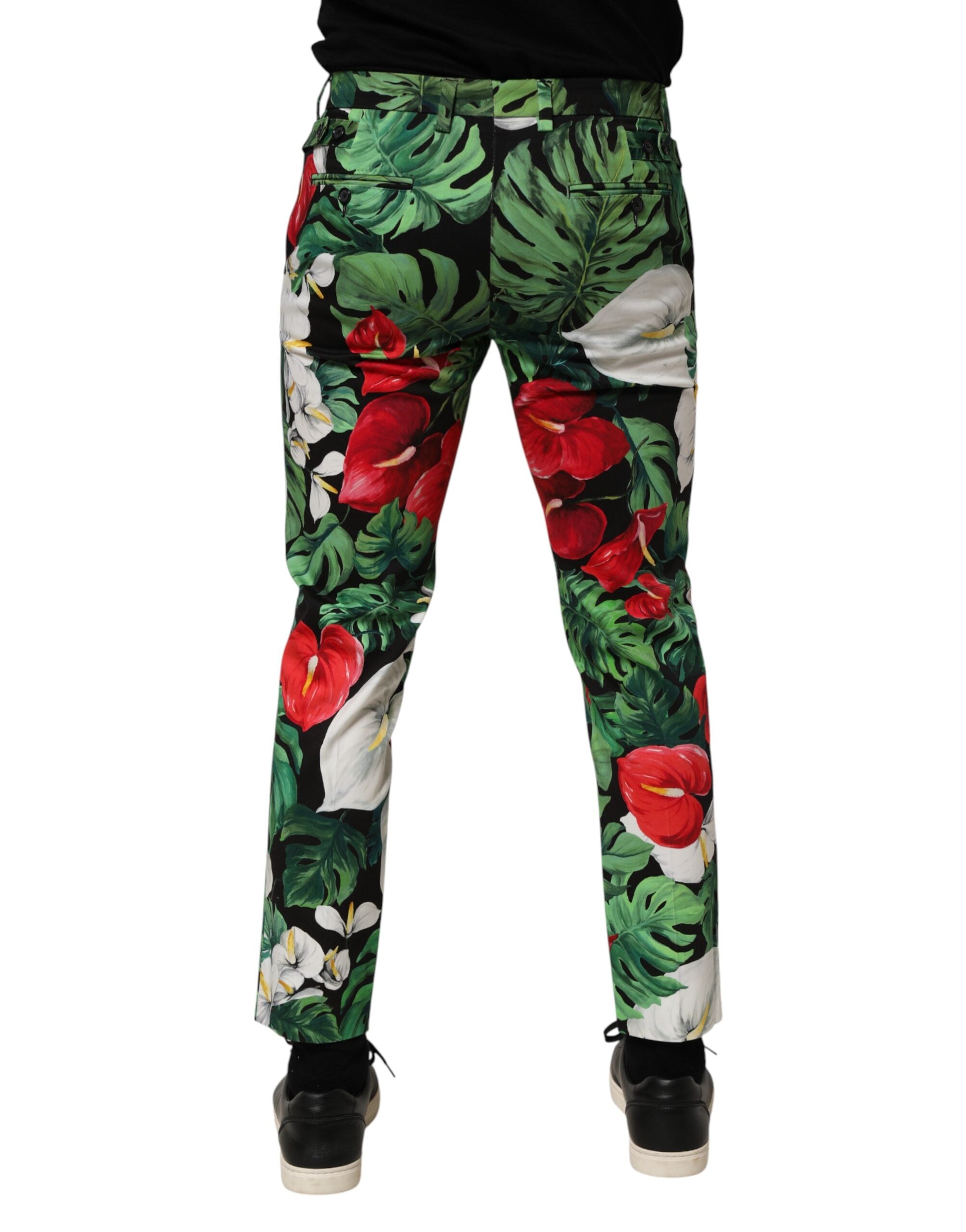 Pantalons en coton à coupe tapered avec imprimé floral multicolore de Dolce & Gabbana, mode élégante et tendance.