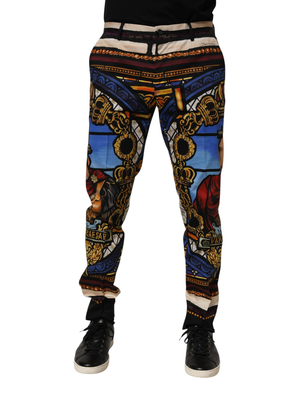 Pantalons tapered Dolce & Gabbana Julia Caesar à imprimé multicolore, mode élégante et tendance, vue de face.