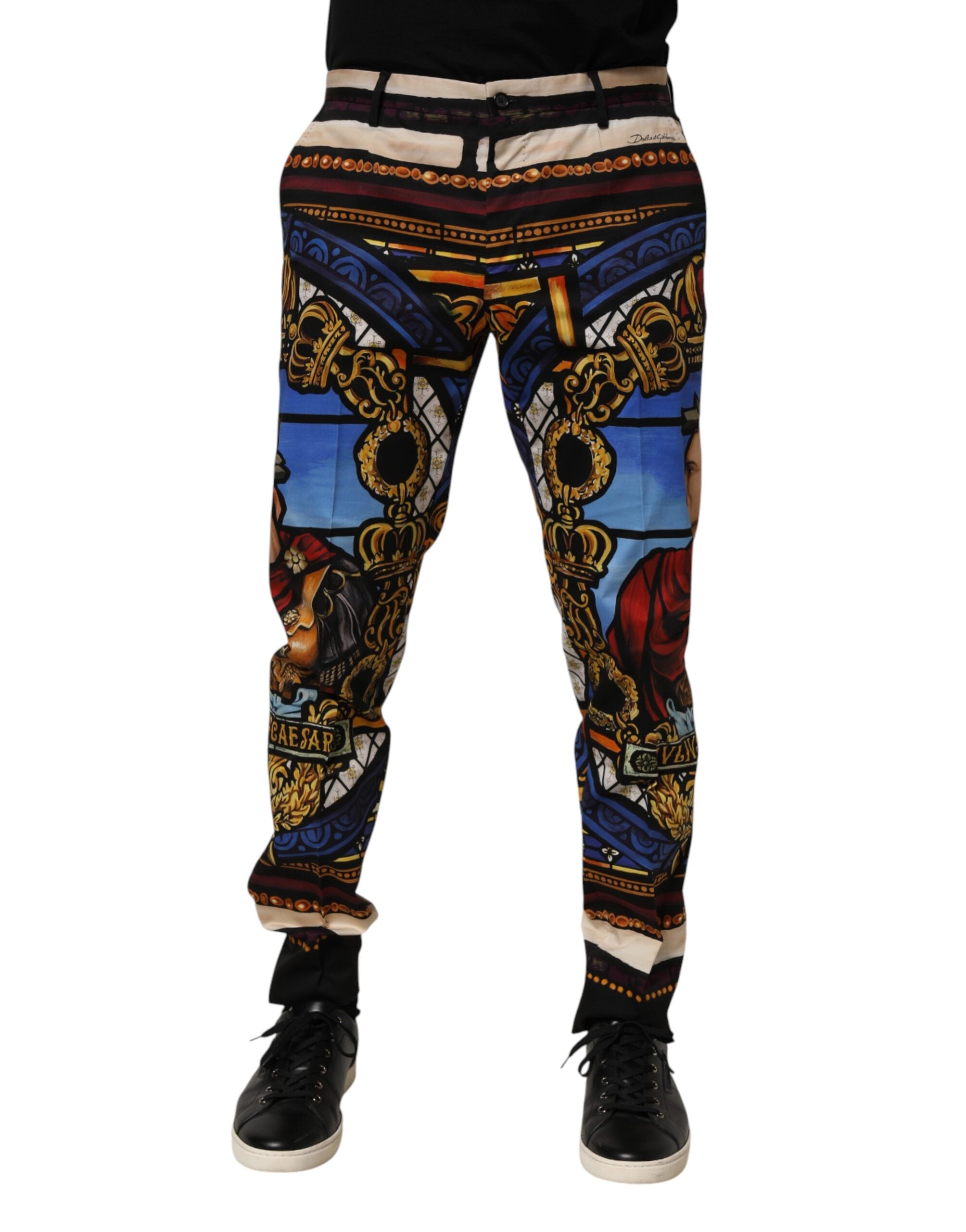 Pantalons tapered Dolce & Gabbana Julia Caesar à imprimé multicolore, mode élégante et tendance, vue de face.