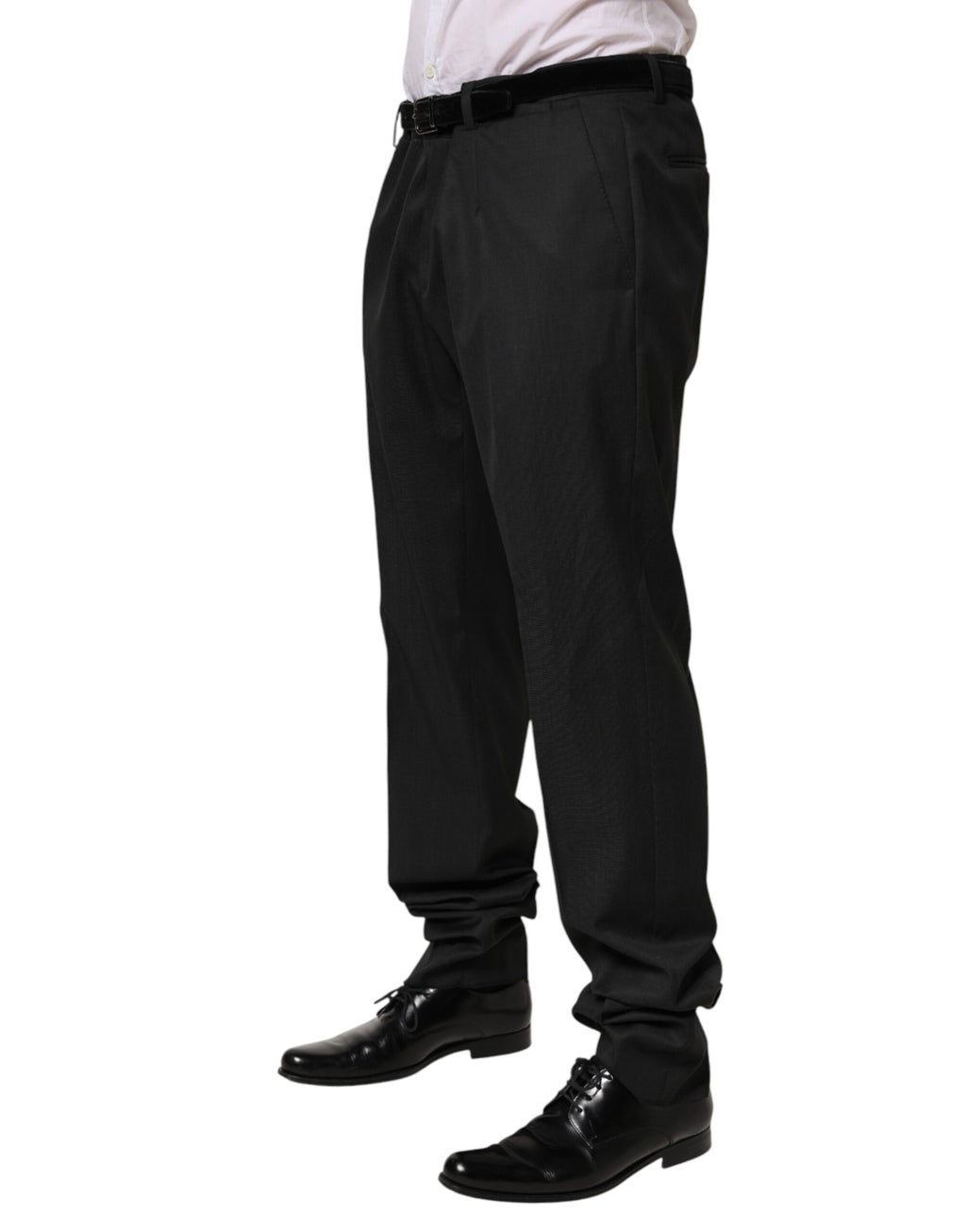 Pantalon homme Dolce & Gabbana en laine noire, pantalon formel élégant, vue rapprochée du tissu et de la coupe.