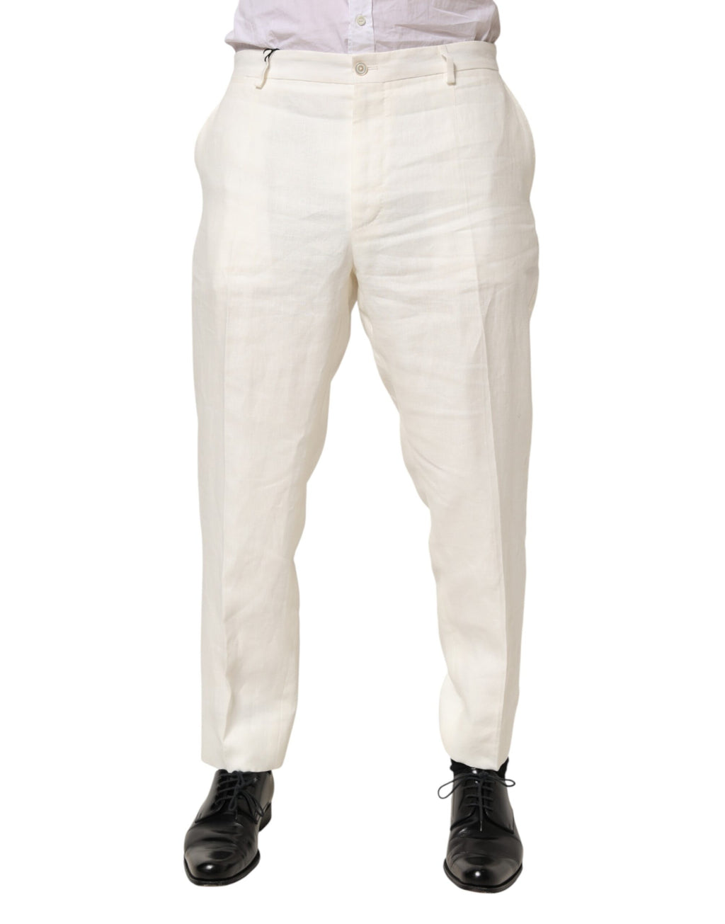 Pantalon homme Dolce & Gabbana en lin blanc, pantalon formel élégant avec coupe classique et détails soignés.