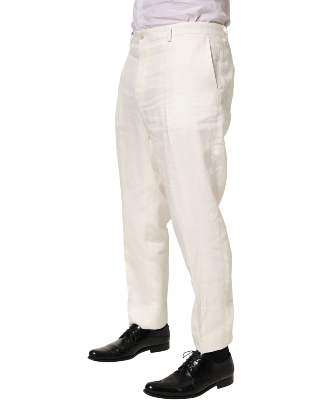 Pantalon formel en lin blanc pour homme de Dolce et Gabbana, pantalon élégant et confortable, vue de face.