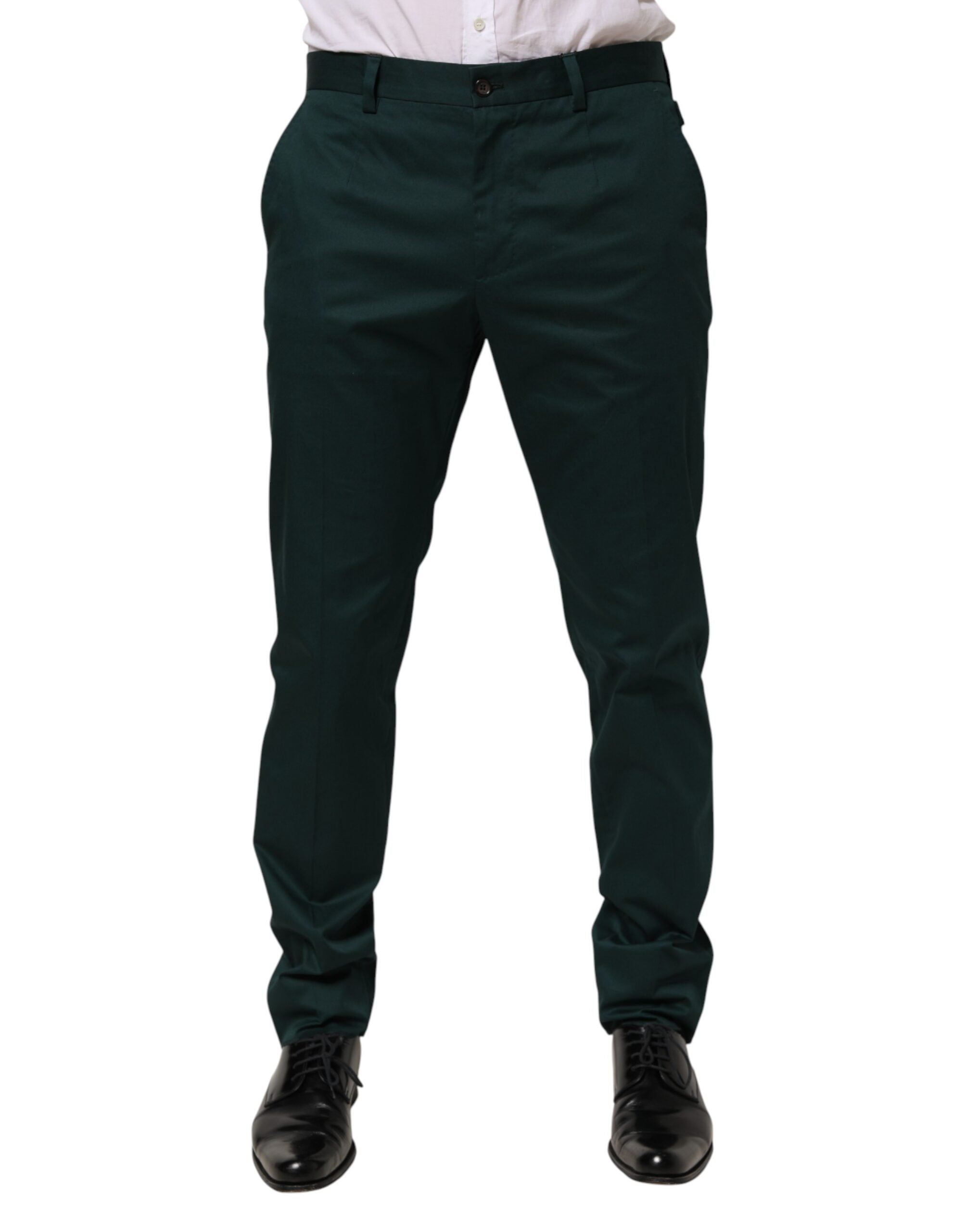 Pantalon homme Dolce & Gabbana en coton vert pour tenue formelle, élégant et ajusté, avec détails classiques.