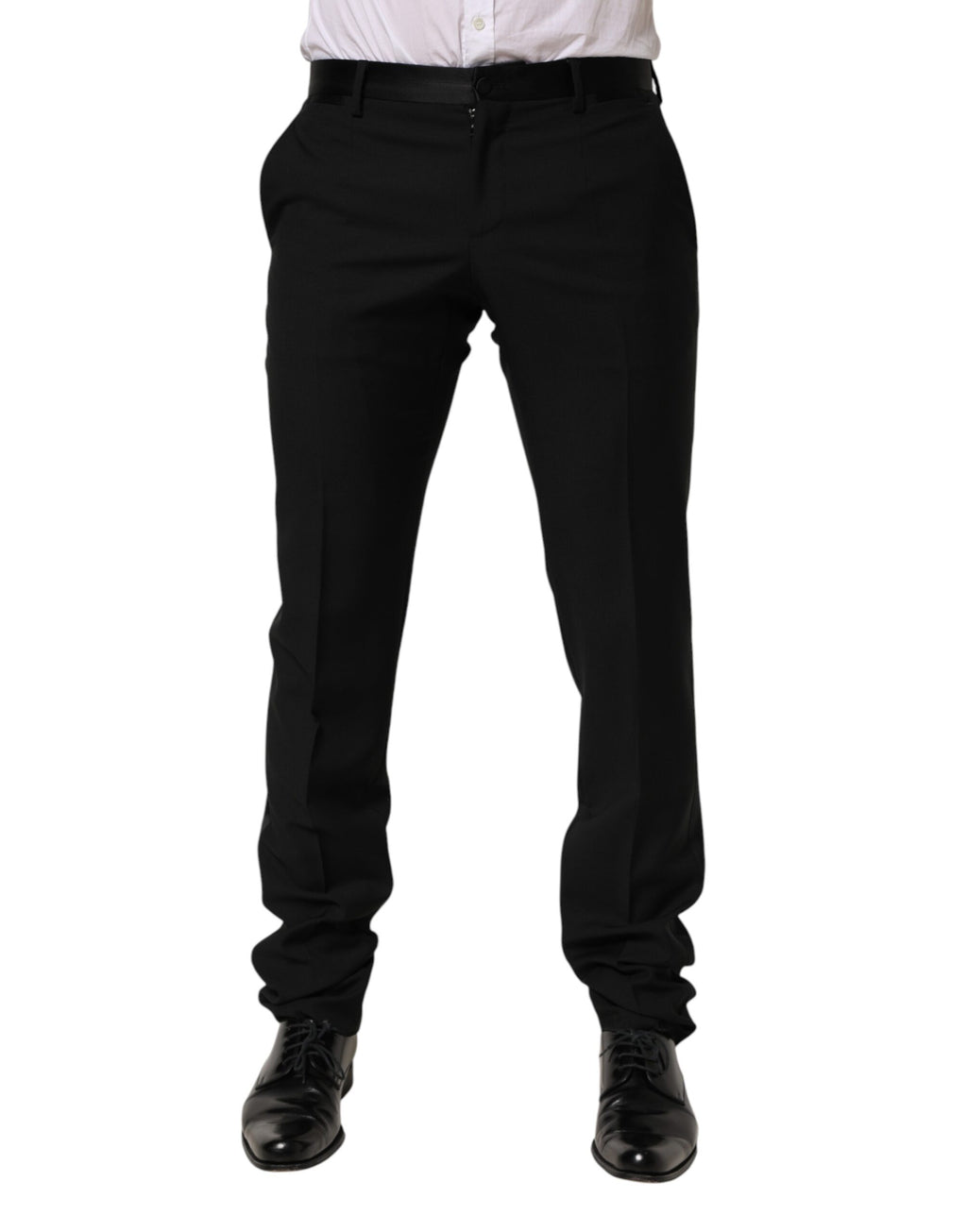 Pantalon formel en laine noire de Dolce & Gabbana pour homme, style élégant et sophistiqué, vue de face.