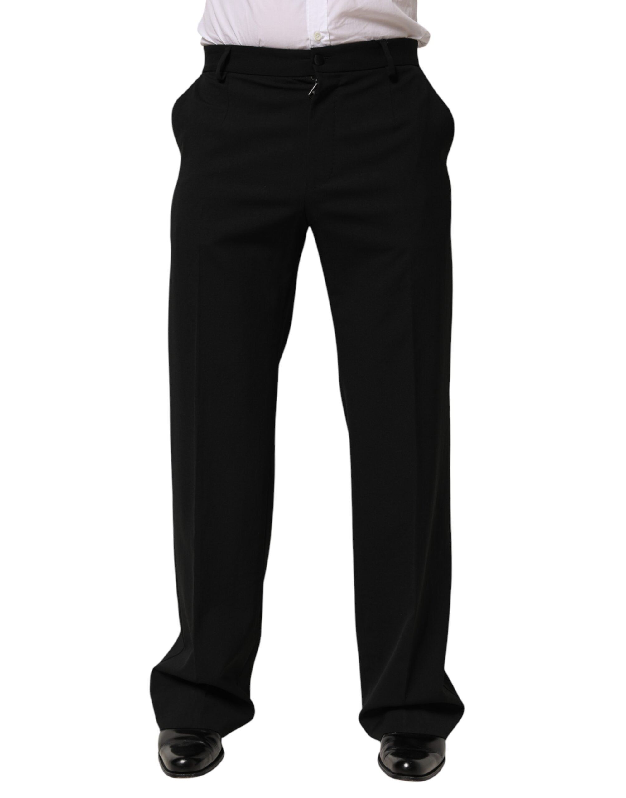 Pantalon homme Dolce & Gabbana en laine noire, pantalon de costume formel avec coupe élégante et détails sophistiqués.