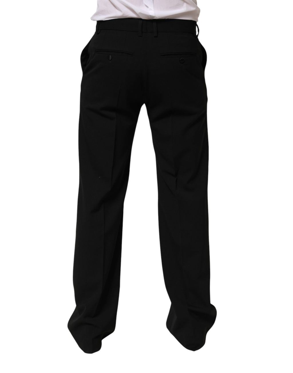 Pantalon homme Dolce & Gabbana en laine noire pour costume formel, coupe élégante et tissu de qualité visible dans l'image.