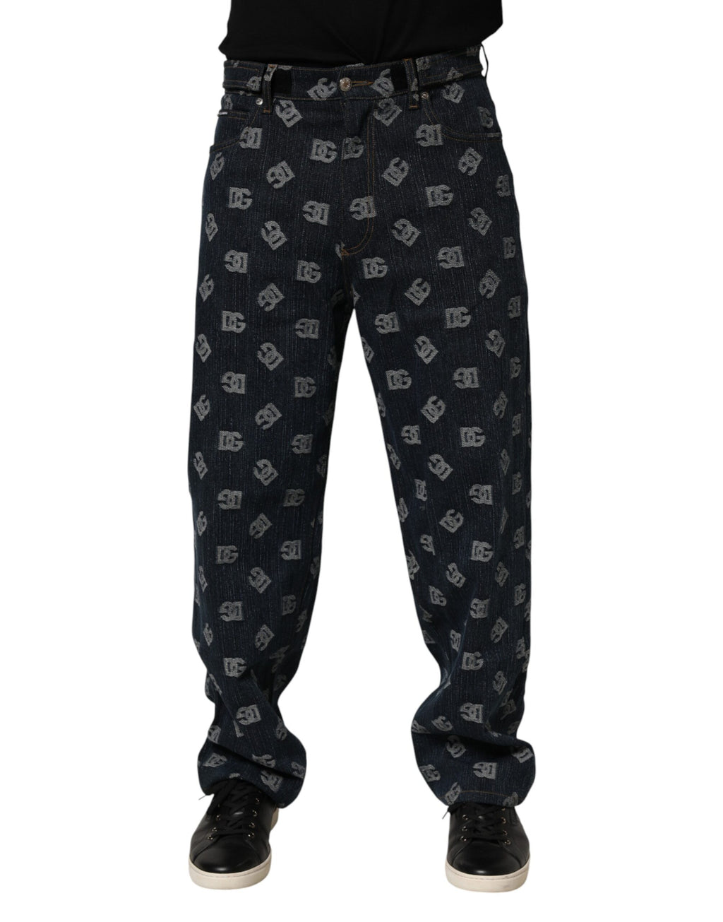 Jeans homme Dolce & Gabbana en denim droit bleu avec logo imprimé, style décontracté et moderne.