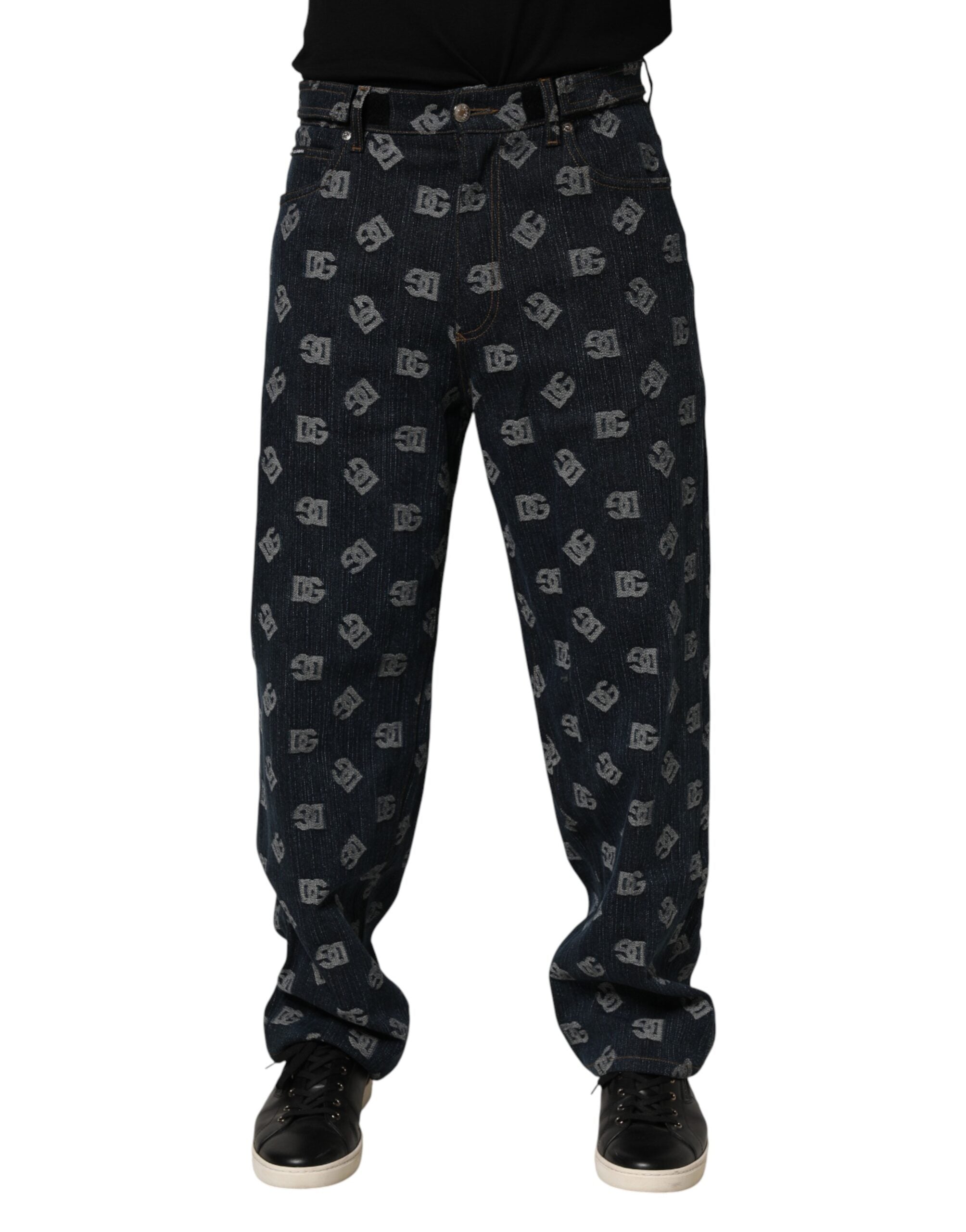 Jeans homme Dolce & Gabbana en denim droit bleu avec logo imprimé, style décontracté et moderne.