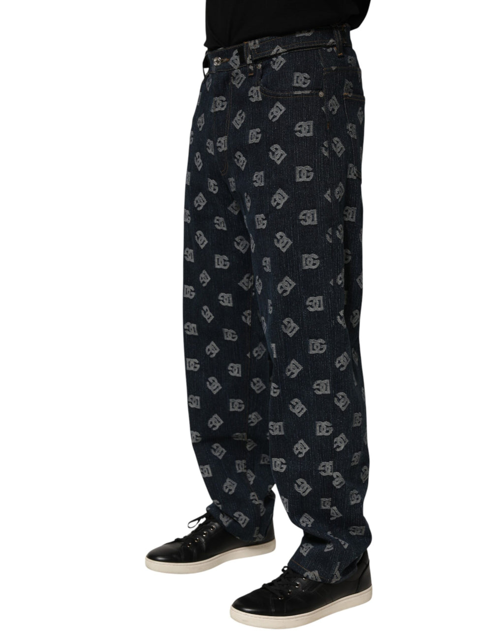 Jeans droits pour homme Dolce & Gabbana en denim bleu avec logo imprimé, style classique et moderne.