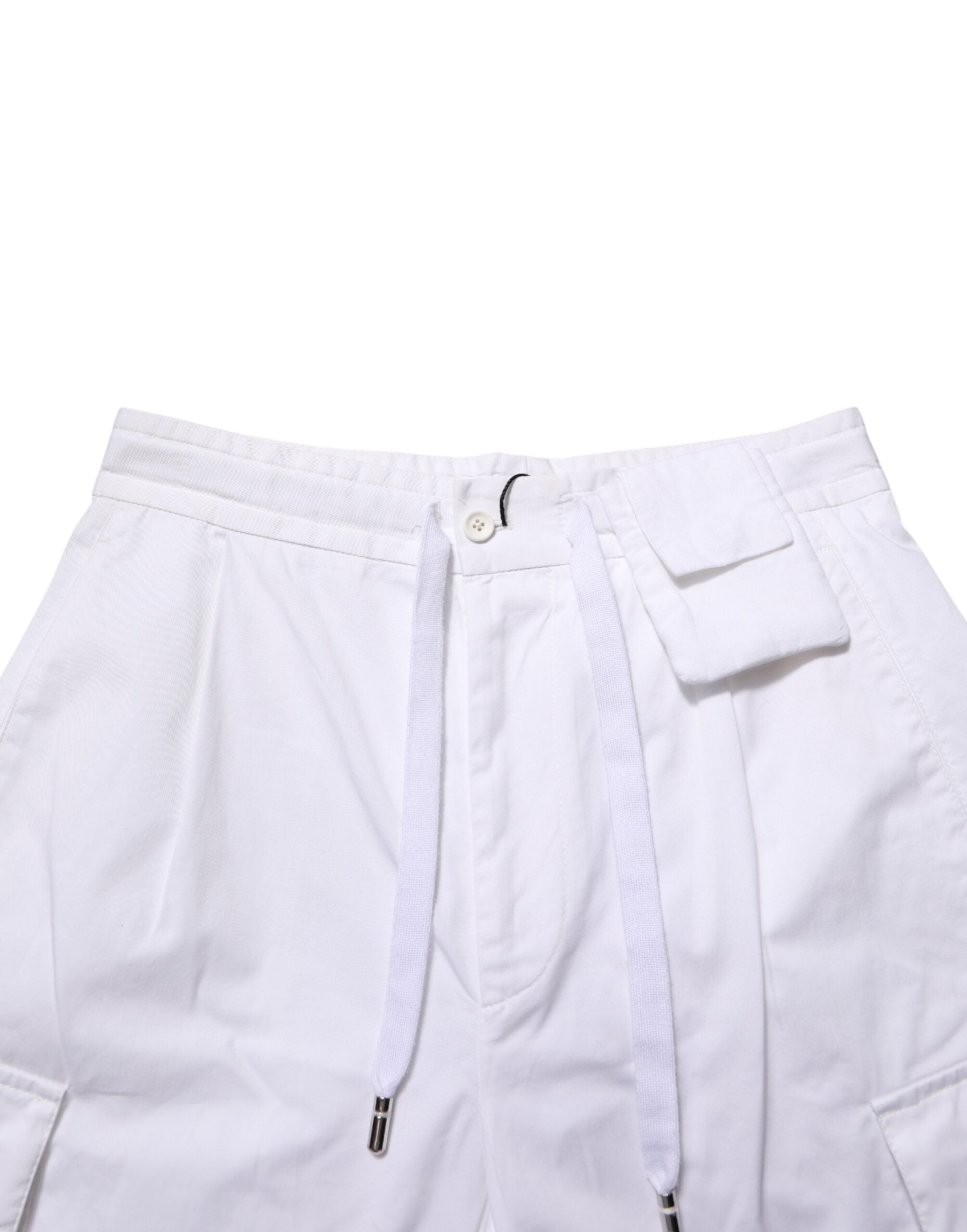 Pantalon cargo homme en lin blanc Dolce & Gabbana, coupe droite, style élégant et décontracté, visible avec ceinture et poches.