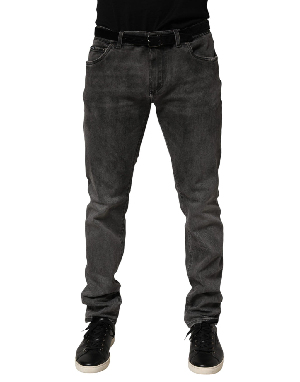 Jeans homme slim en coton gris foncé de Dolce & Gabbana, denim skinny avec détails modernes et coupe ajustée.