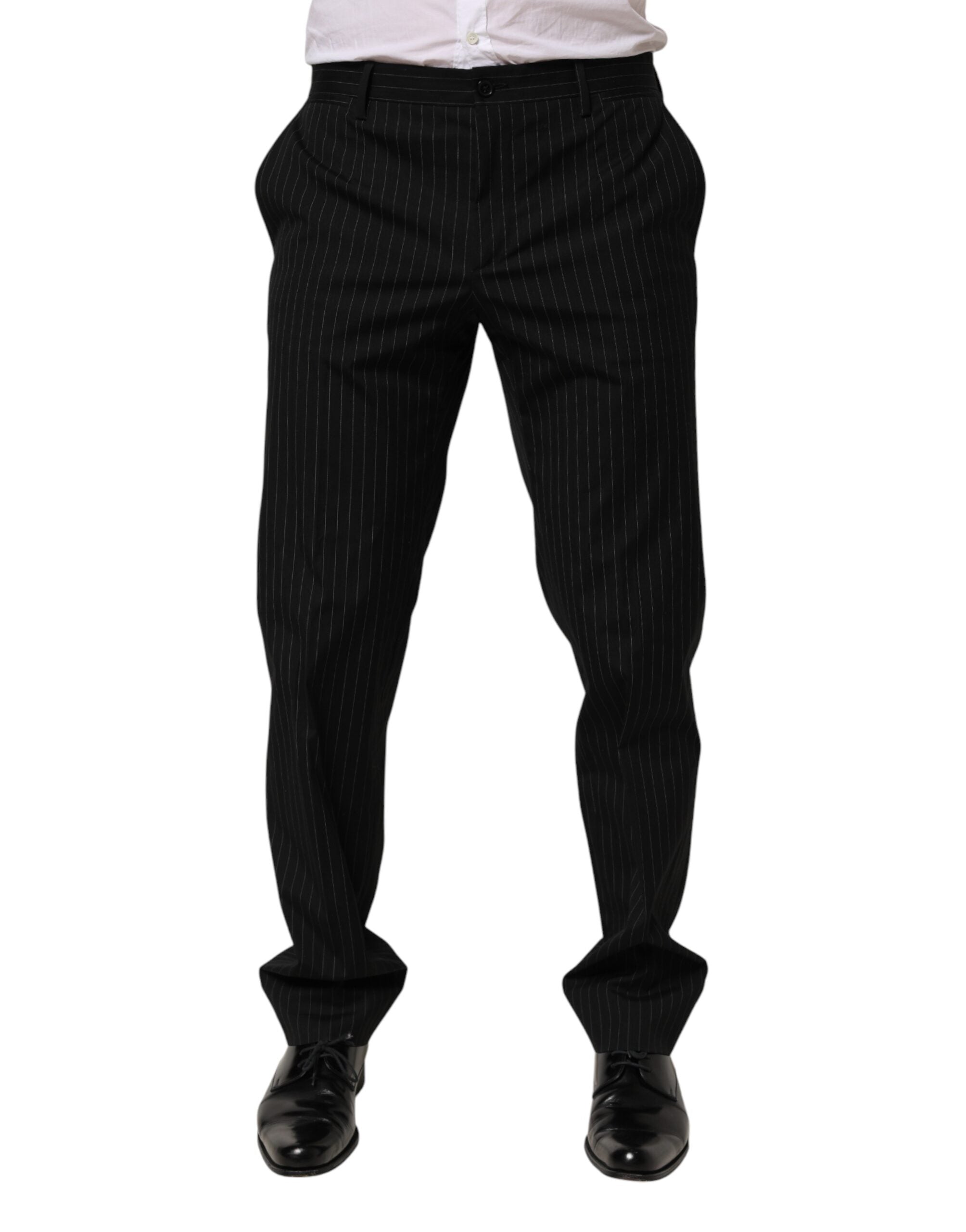 Pantalon homme formel Dolce & Gabbana noir à rayures, pantalon élégant avec coupe classique et détails sophistiqués.