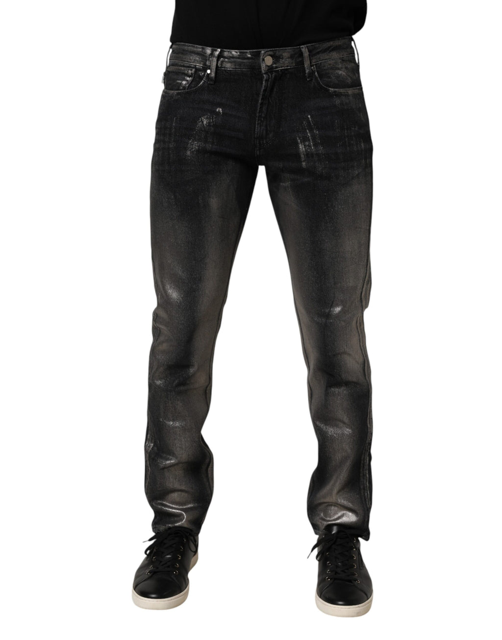Pantalon en jean homme Emporio Armani noir délavé, coupe slim ajustée, tissu denim durable et tendance.