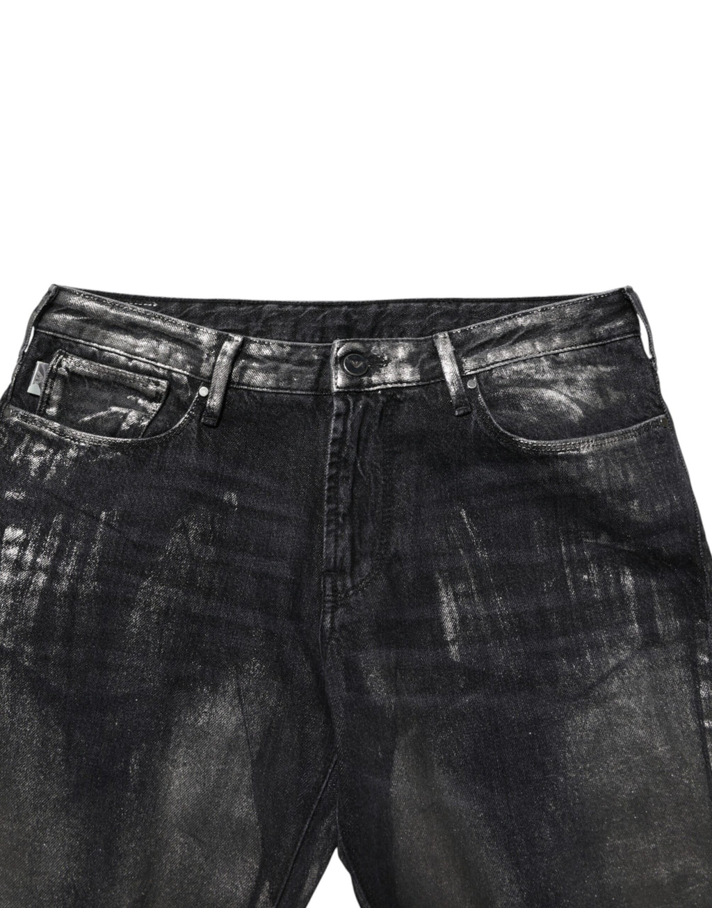 Pantalon en denim noir délavé Emporio Armani pour homme, coupe slim fit, style moderne et ajusté.