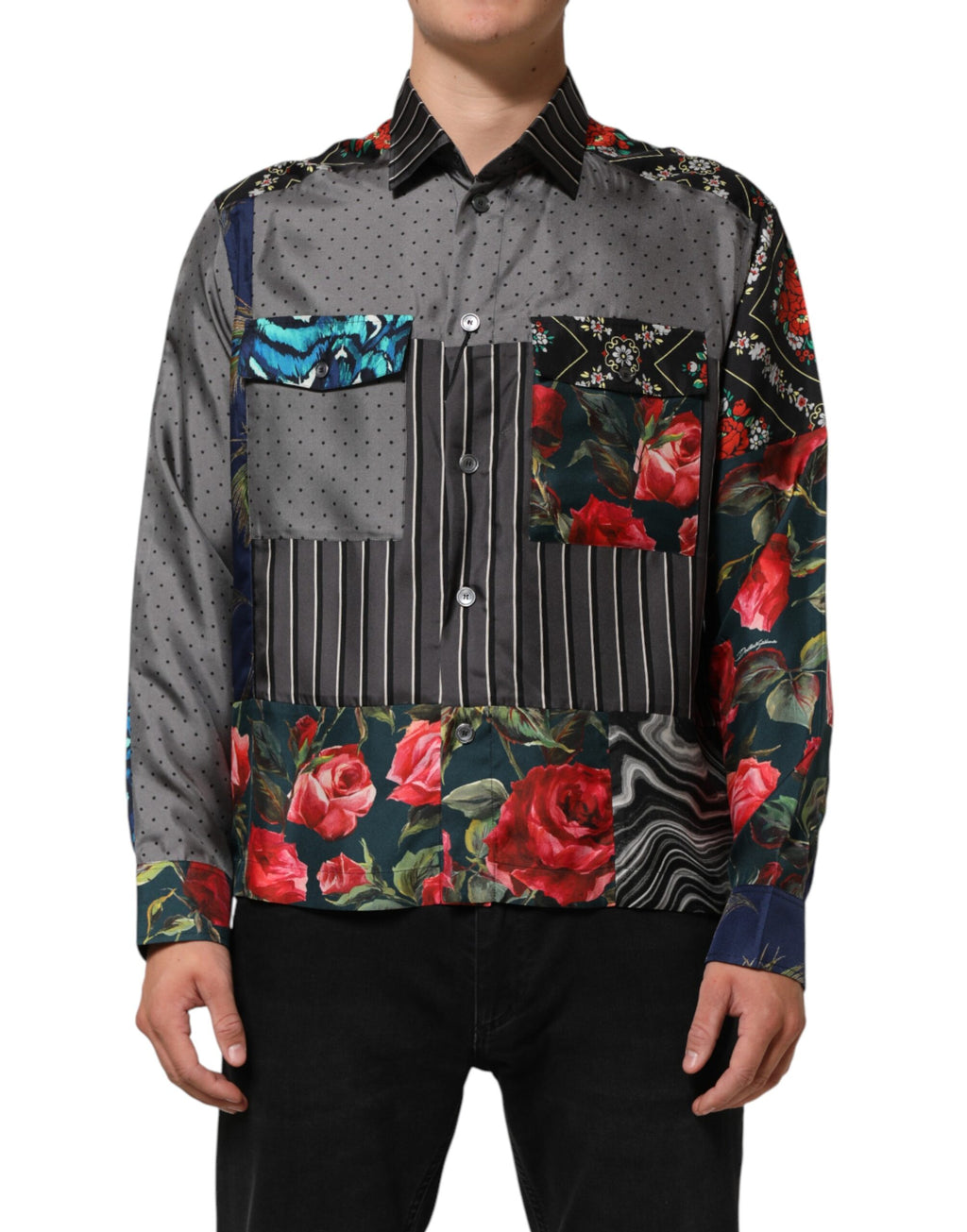 Chemise en soie à manches longues Dolce & Gabbana, patchwork multicolore, style élégant et sophistiqué.