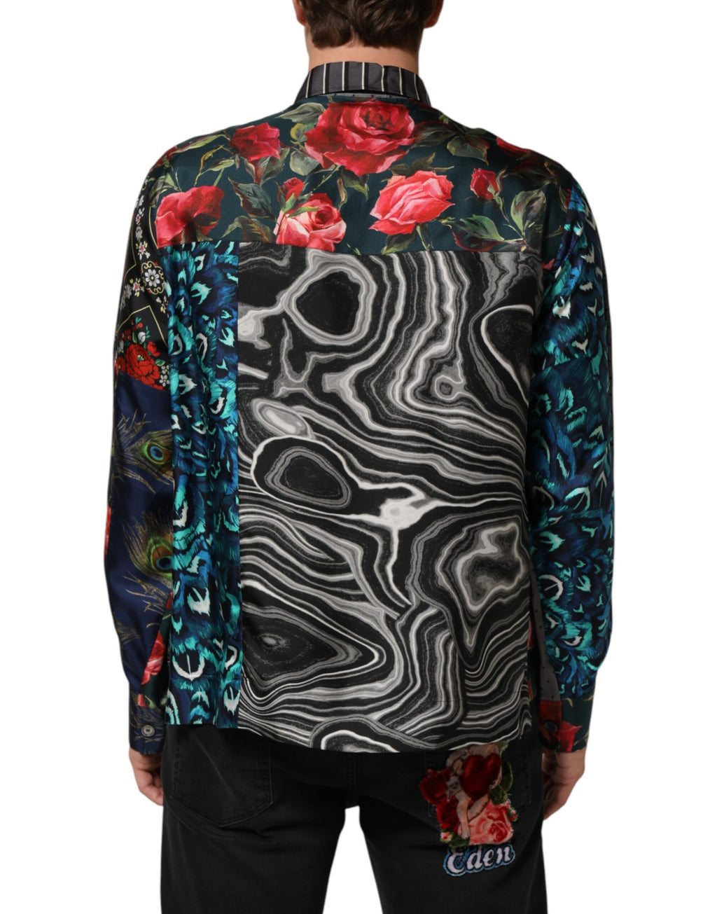 Chemise en soie à manches longues Dolce & Gabbana, patchwork multicolore, style élégant et sophistiqué.