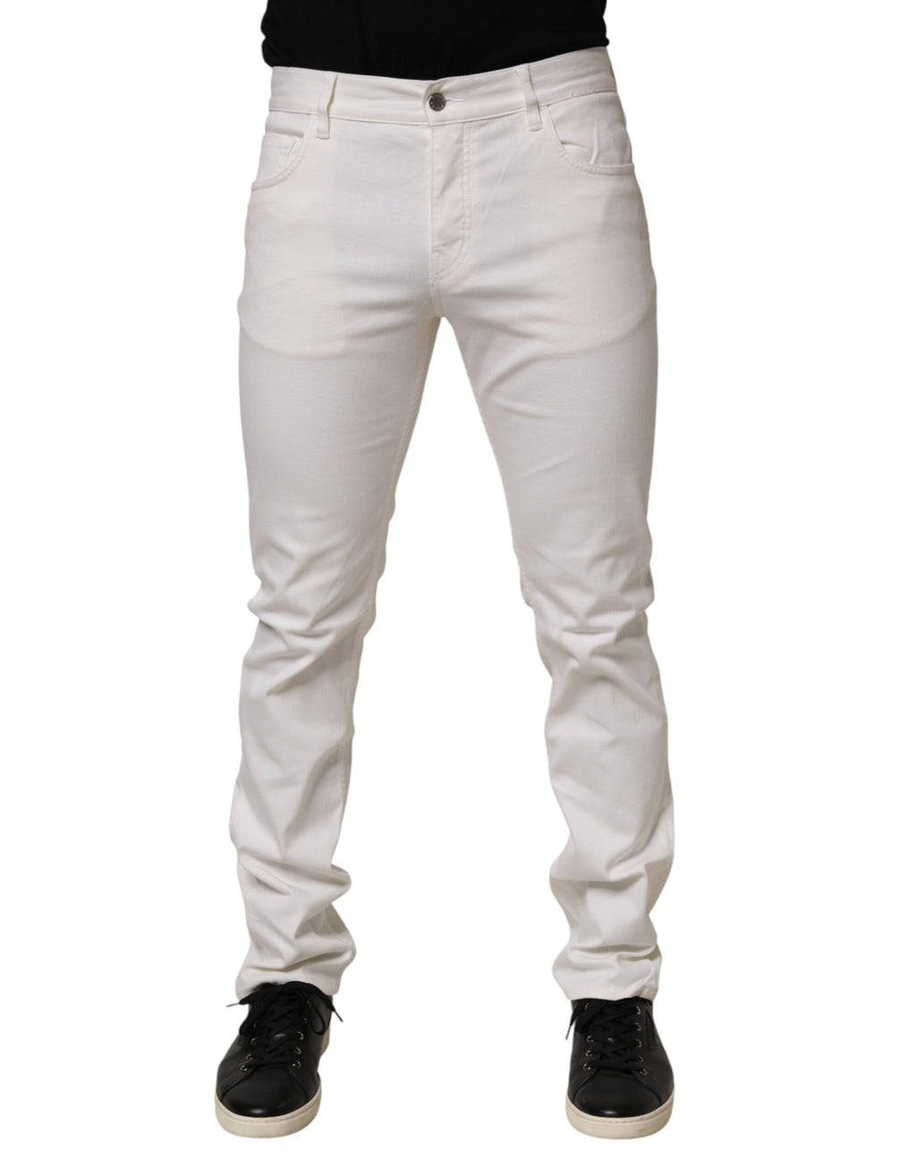 Jeans Prada blancs coupe skinny taille mi-haute en denim décontracté, style moderne et élégant.