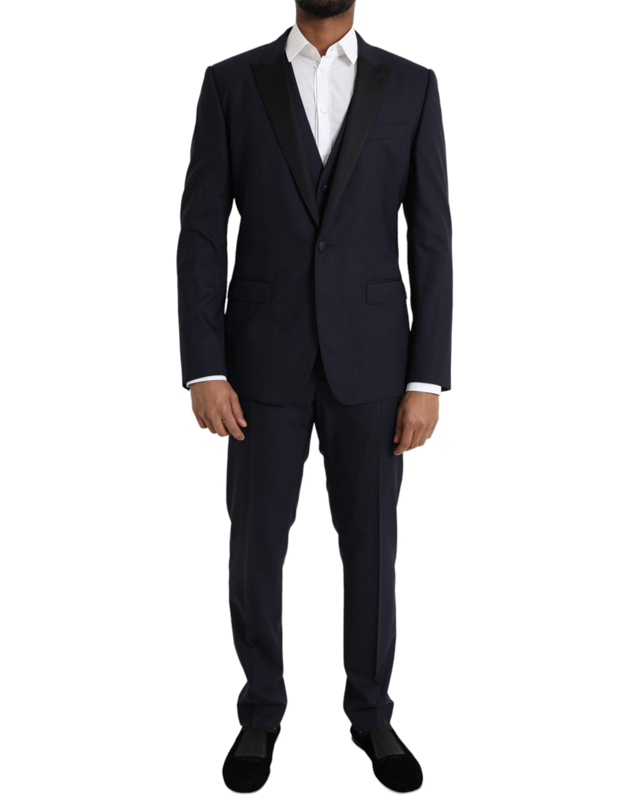 Costume homme trois pièces en laine bleue Dolce & Gabbana Martini avec un seul bouton, vue de face.
