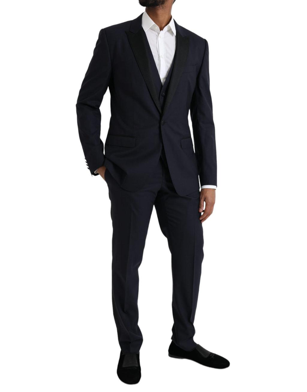 Costume trois pièces en laine bleue Dolce & Gabbana Martini avec un bouton pour homme, élégant et sophistiqué.