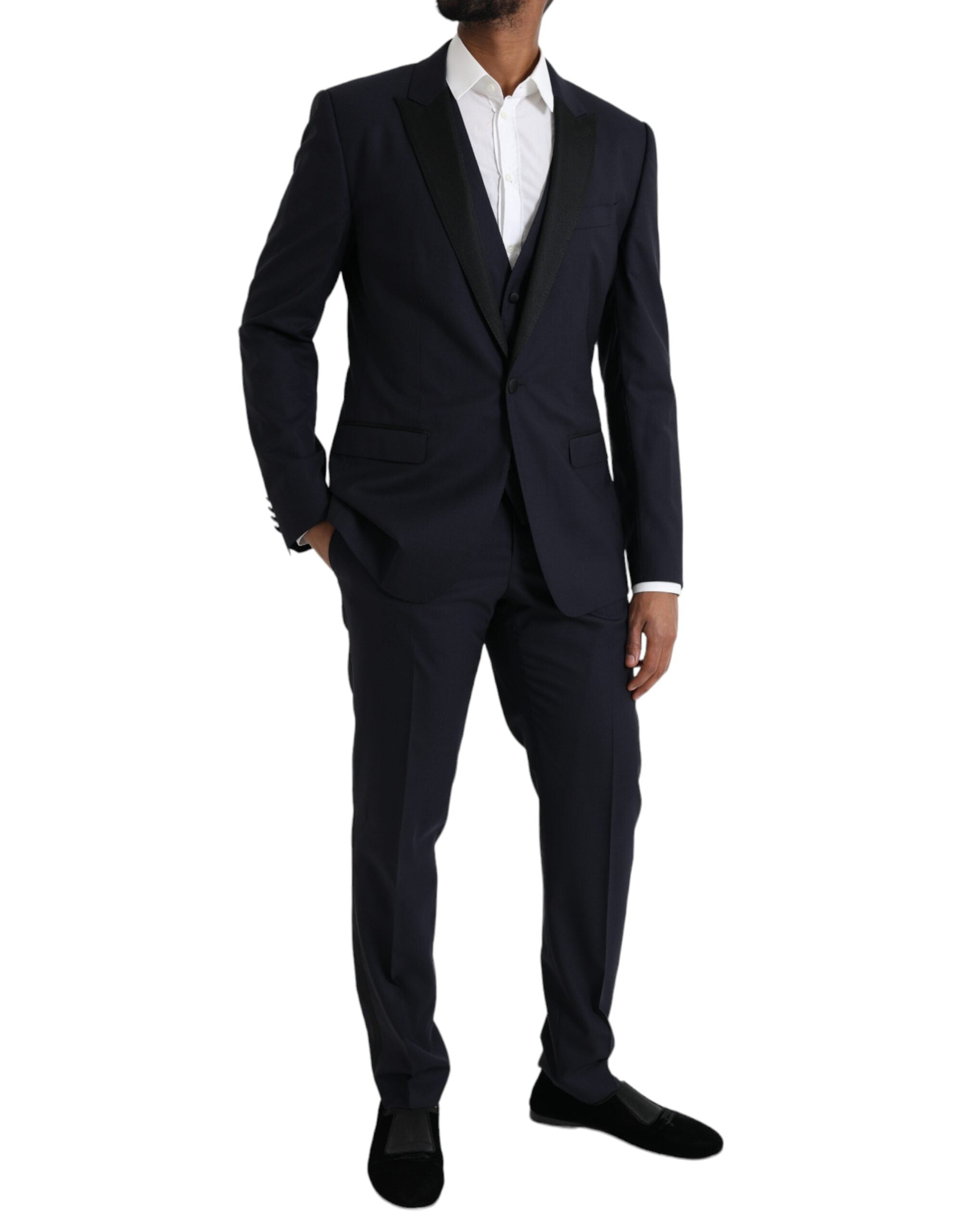 Costume trois pièces en laine bleue Dolce & Gabbana Martini avec un bouton pour homme, élégant et sophistiqué.