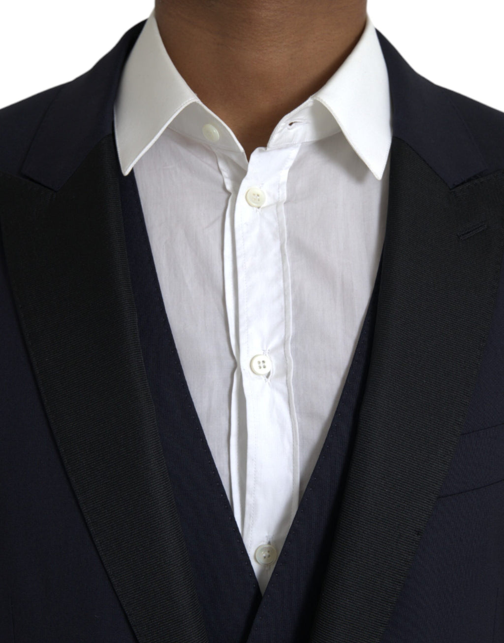 Costume trois pièces en laine bleue Dolce & Gabbana Martini avec un seul bouton, pour homme, vue de l'ensemble du costume.