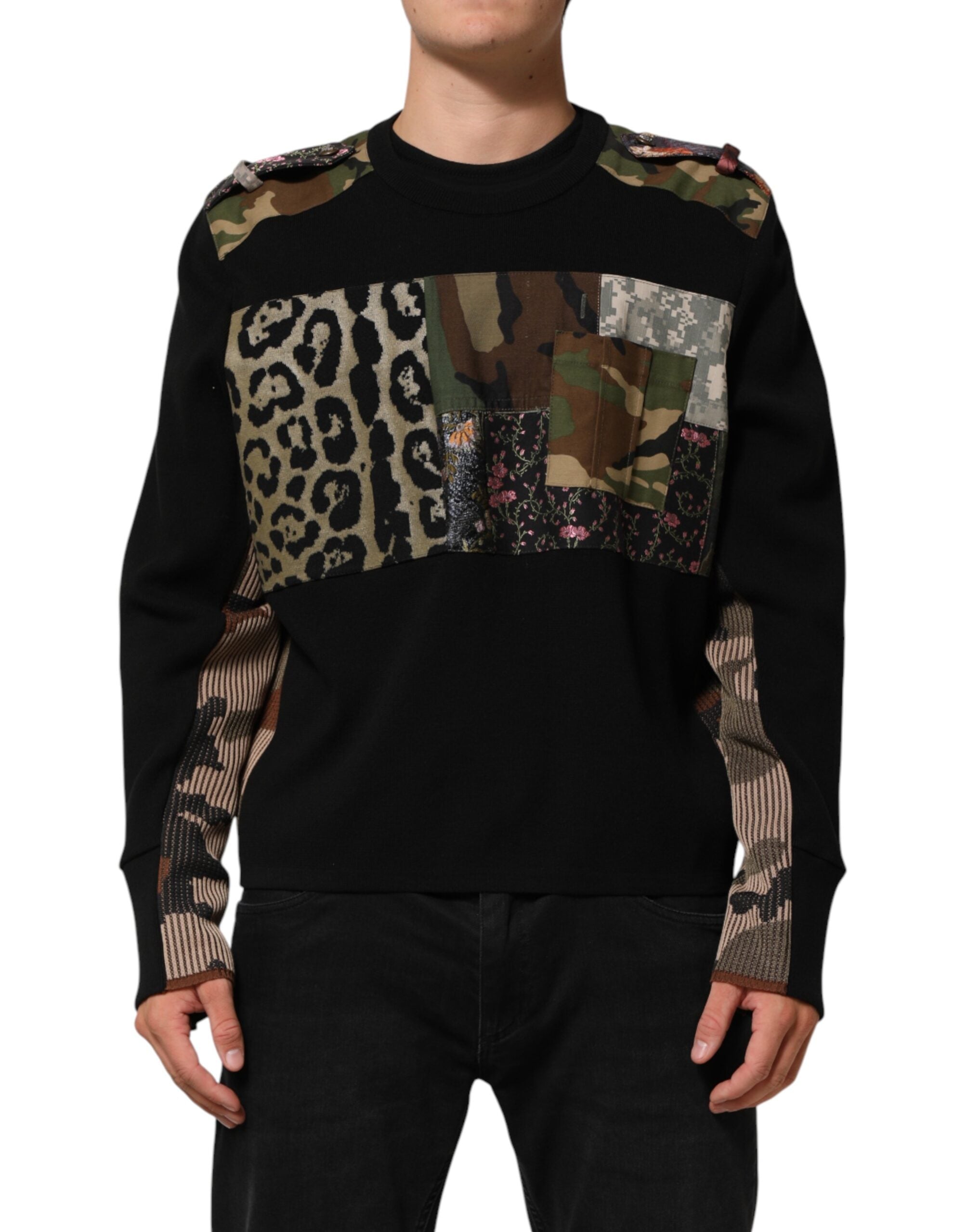 Pull à col ras du cou Dolce & Gabbana en patchwork noir, avec détails en tissu multicolore et style décontracté.