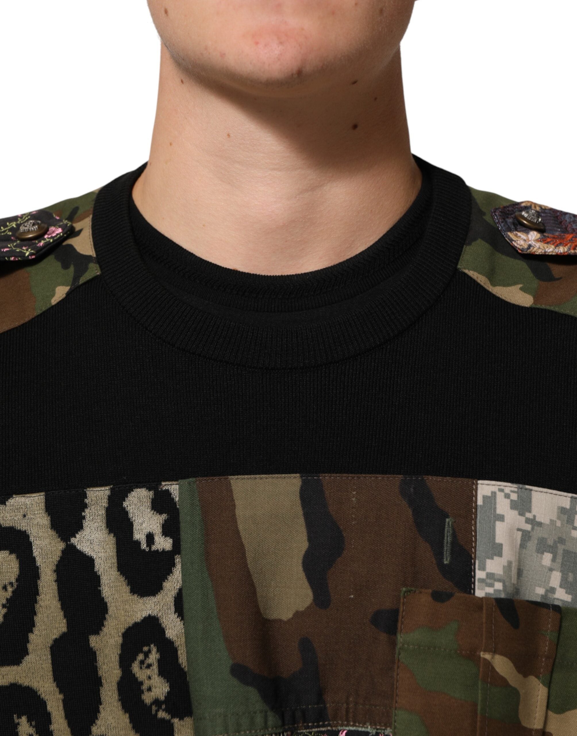 Pull-over Dolce & Gabbana en maille à patchwork noir avec col rond, confortable et tendance, pour un look élégant.