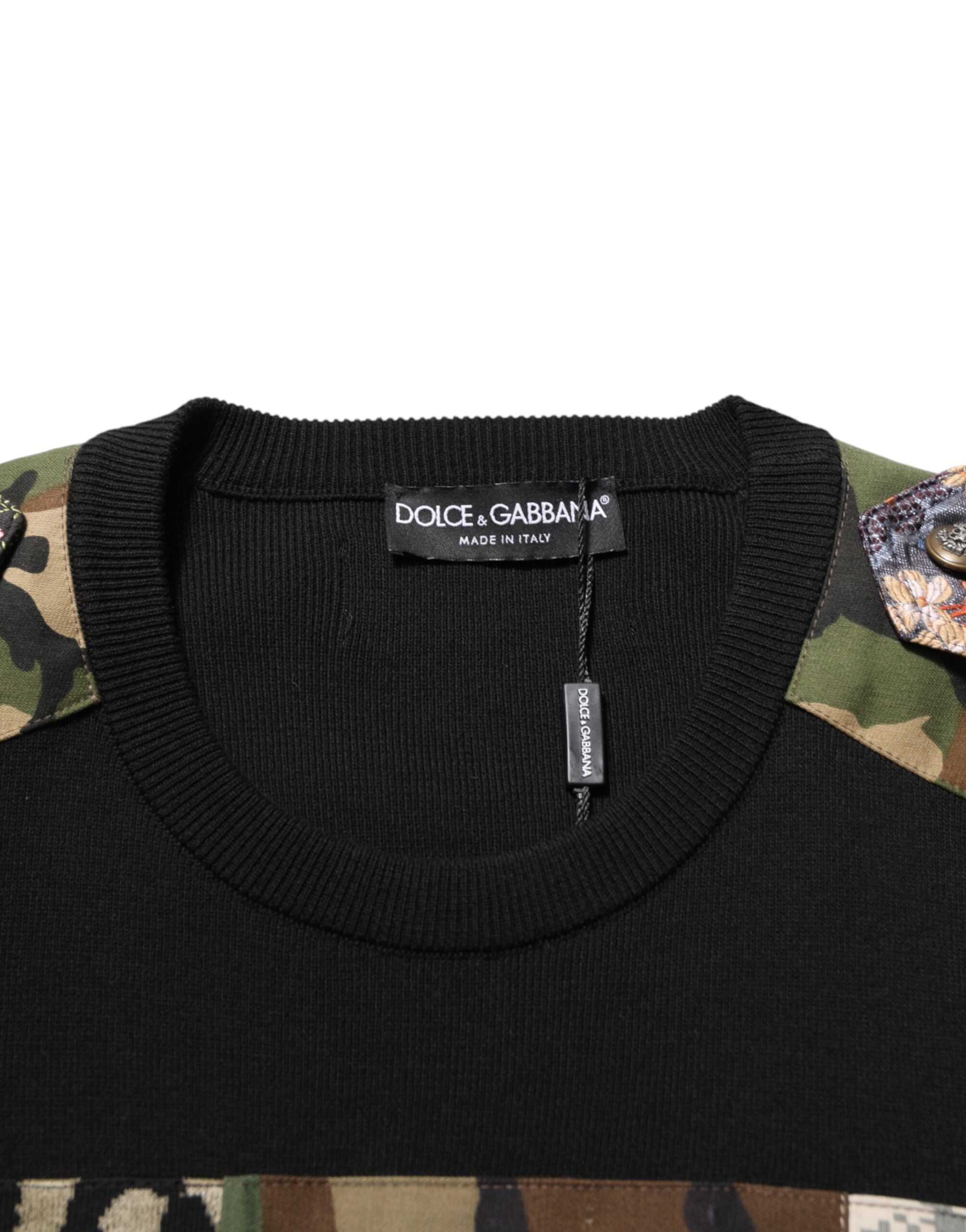 Pull à col rond Dolce & Gabbana en patchwork noir, sweater en maille avec design unique et détails de couture visibles.