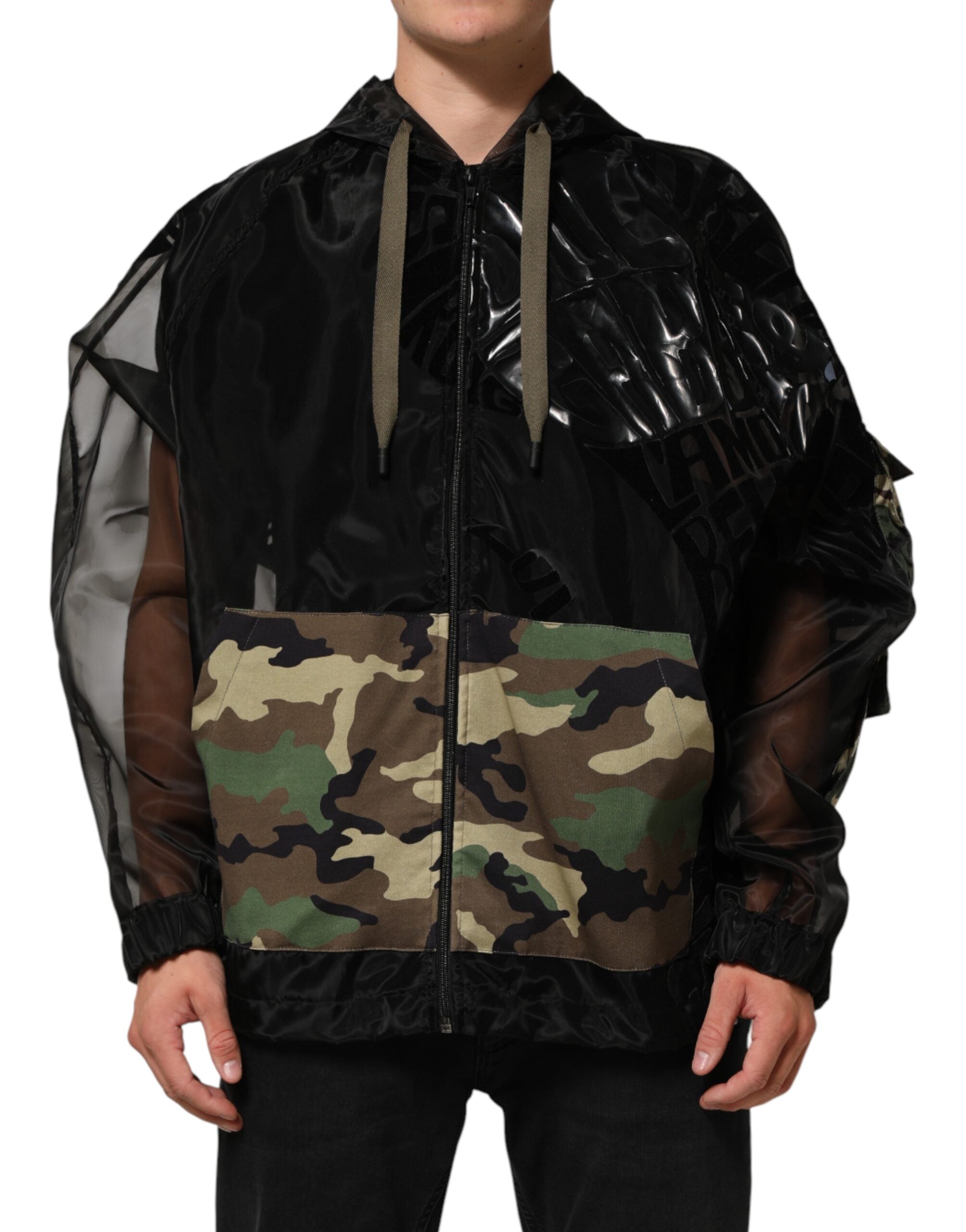 Sweat à capuche homme Dolce & Gabbana noir camouflage à fermeture éclair complète, tissu doux et style décontracté.