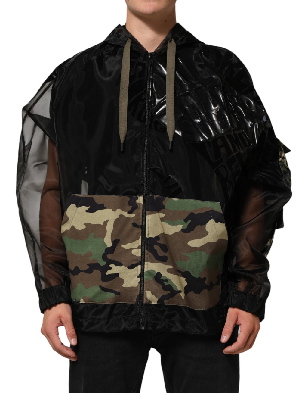 Sweat à capuche pour homme Dolce & Gabbana, noir camouflage avec fermeture éclair complète, tissu doux et style décontracté.