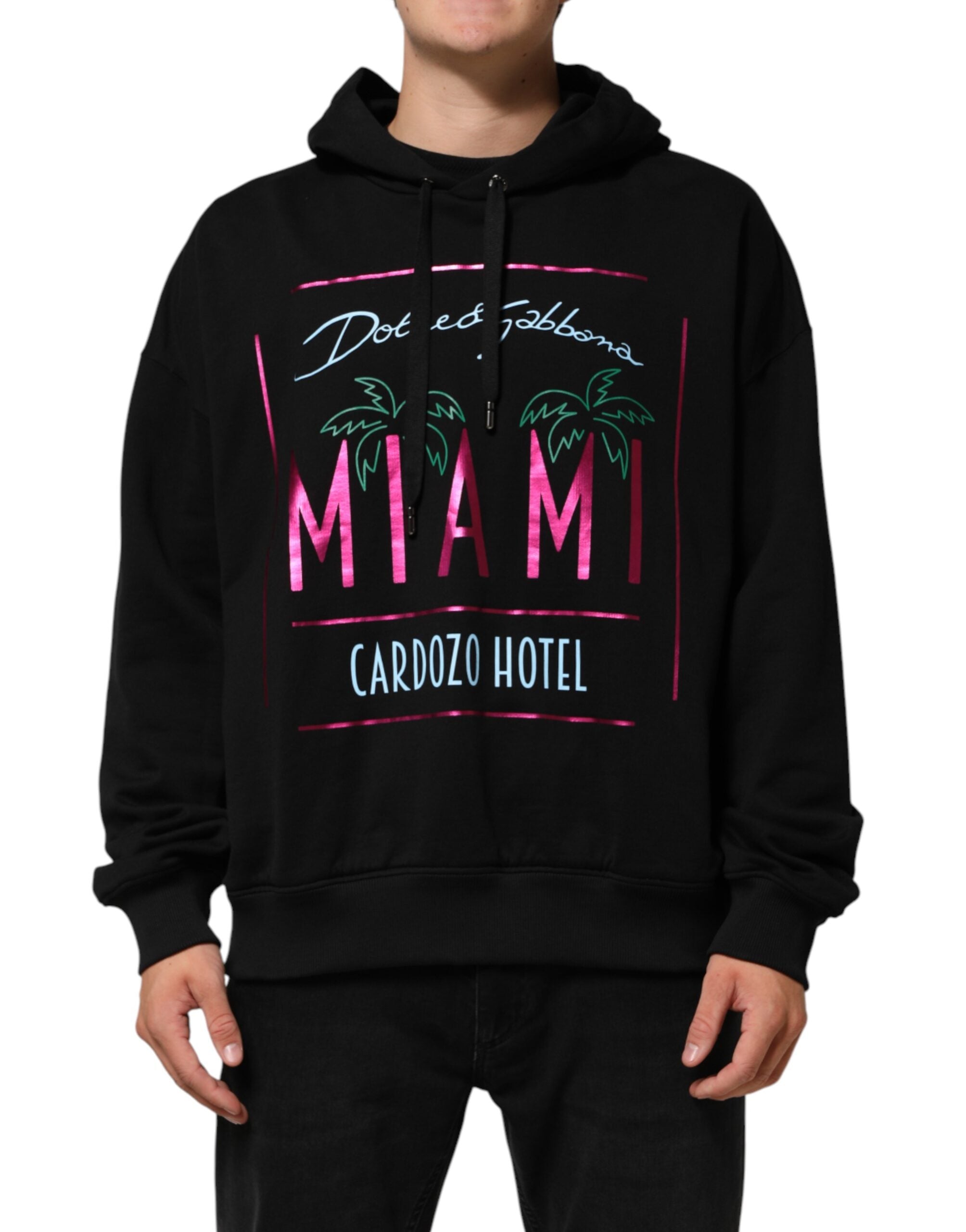 Sweatshirt à capuche pour homme Dolce & Gabbana noir avec imprimé, style décontracté et confortable.
