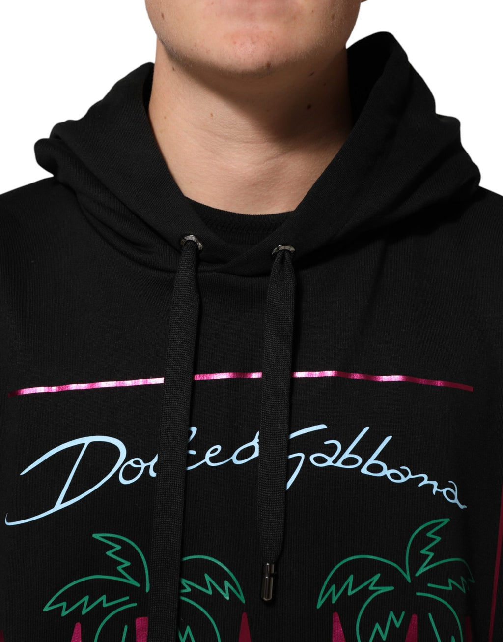 Sweat-shirt à capuche noir imprimé Dolce & Gabbana pour homme, pull décontracté en coton avec logo et motifs tendance.