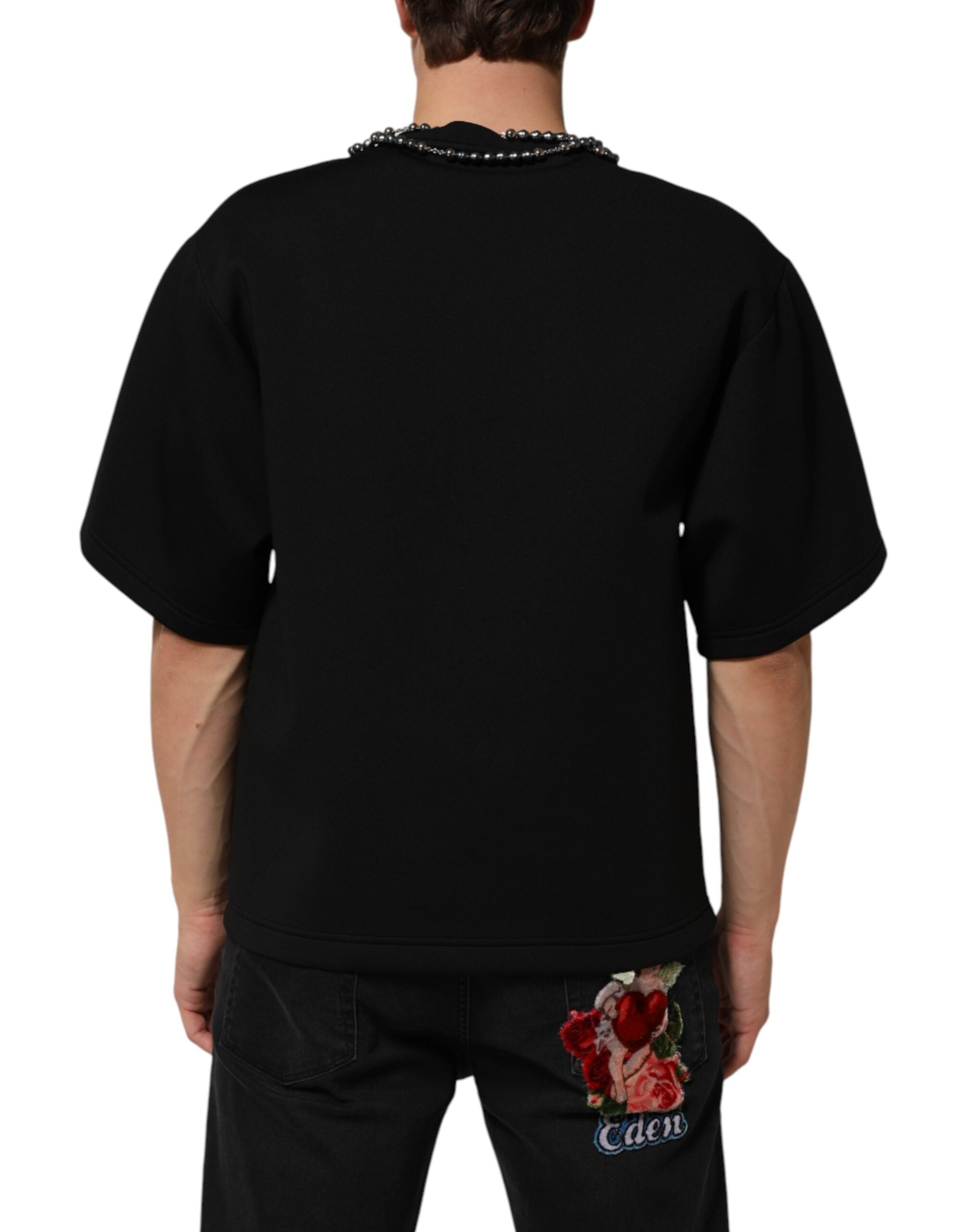 T-shirt noir en polyester de Dolce & Gabbana avec collier orné de détails brillants, mode élégante et chic.