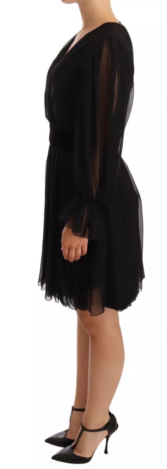 Robe longue en soie noire et tulle à manches longues et col en V de Dolce & Gabbana, élégante et sophistiquée.
