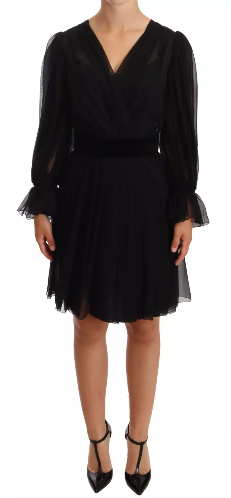 Robe longue en soie noire et tulle avec manches longues et décolleté en V de Dolce & Gabbana, élégance sophistiquée.