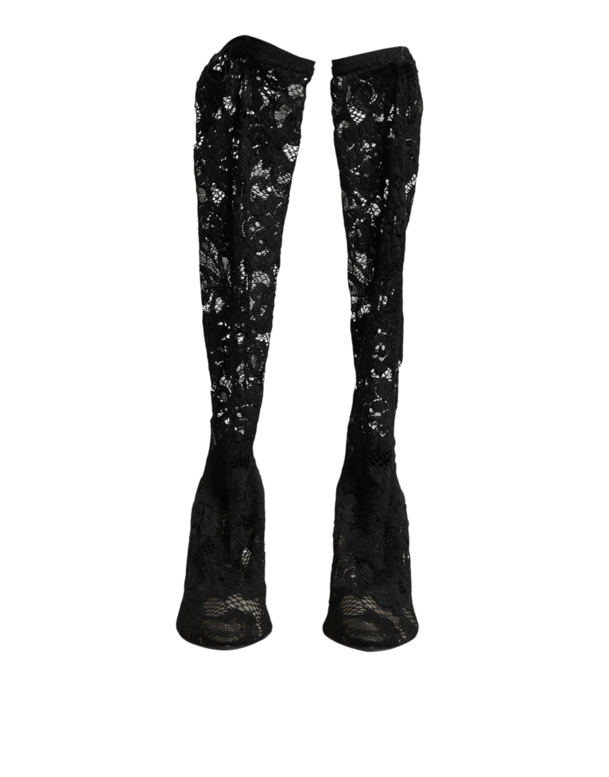 Chaussures Dolce & Gabbana Taormina en cuir noir avec chaussettes en dentelle, bottines élégantes et sophistiquées.