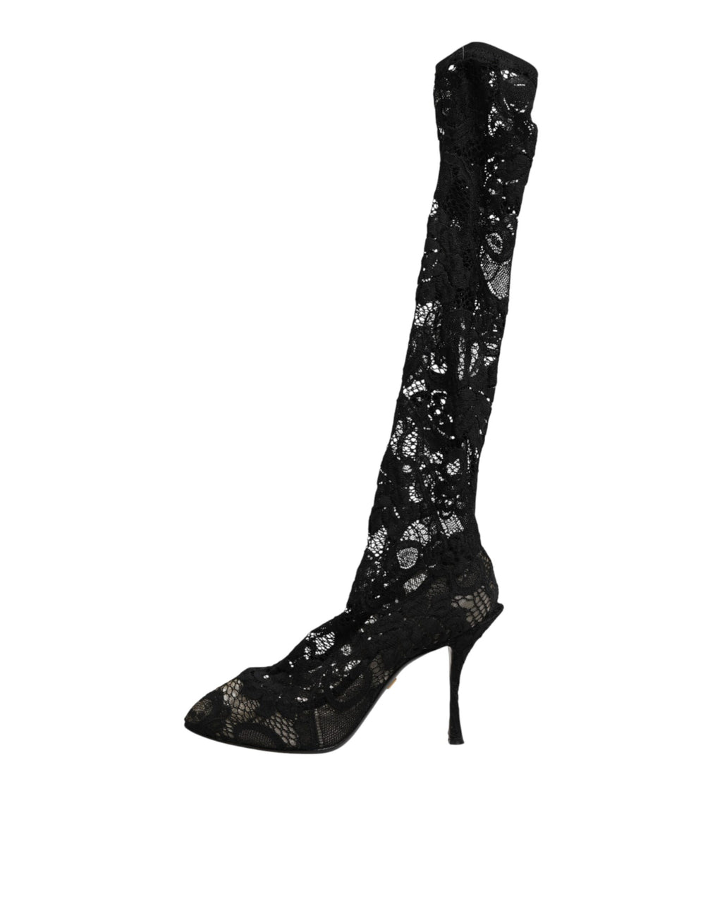 Chaussures Dolce & Gabbana Taormina, bottines en dentelle noire, style élégant avec des chaussettes en dentelle intégrées.