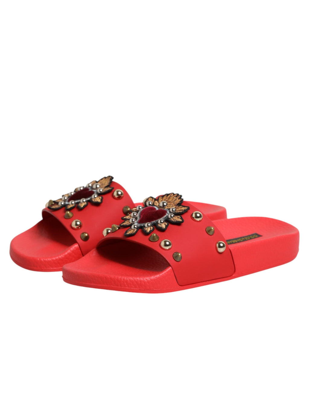 Sandales de plage Dolce & Gabbana Sacred Heart en rouge, slides avec motif cœur sacré et semelle confortable.