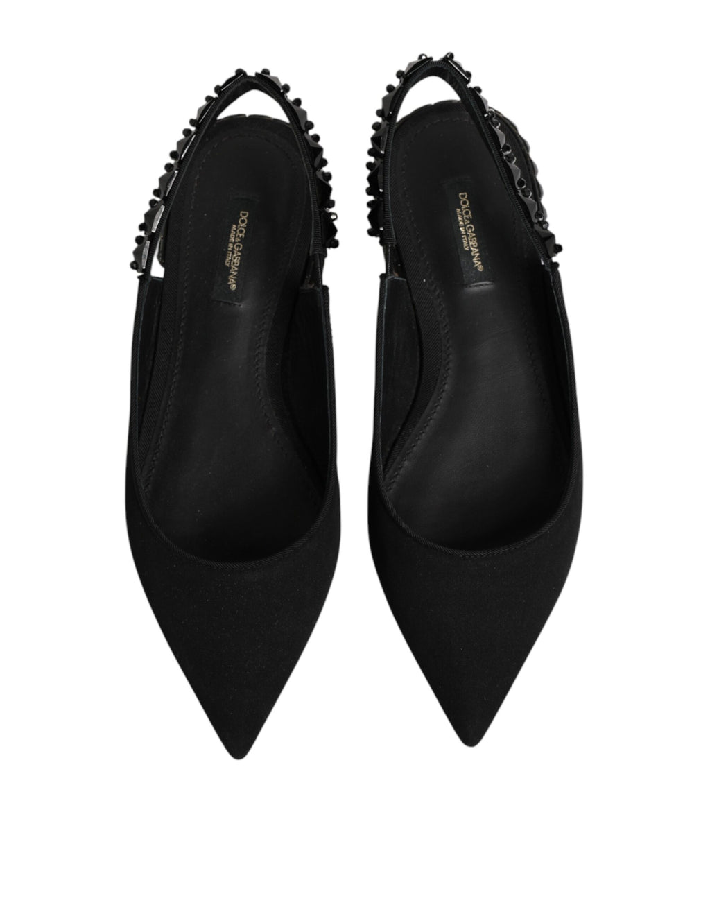 Chaussures Dolce & Gabbana en satin noir avec cristaux, talons slingback élégants et sophistiqués.