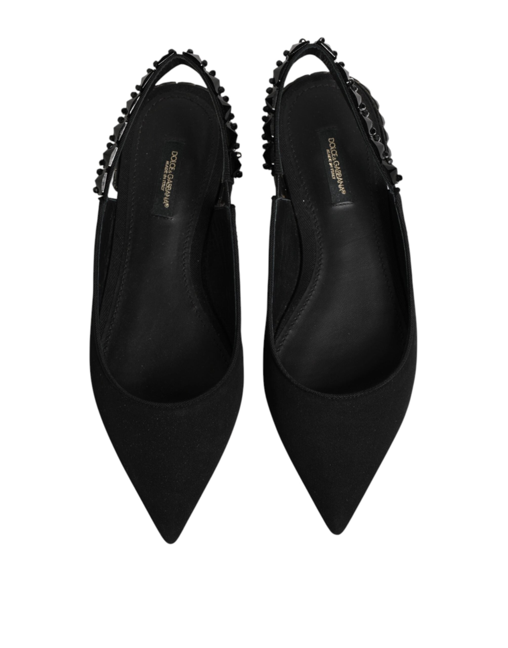 Chaussures Dolce & Gabbana en satin noir avec cristaux, talons slingback élégants et sophistiqués.