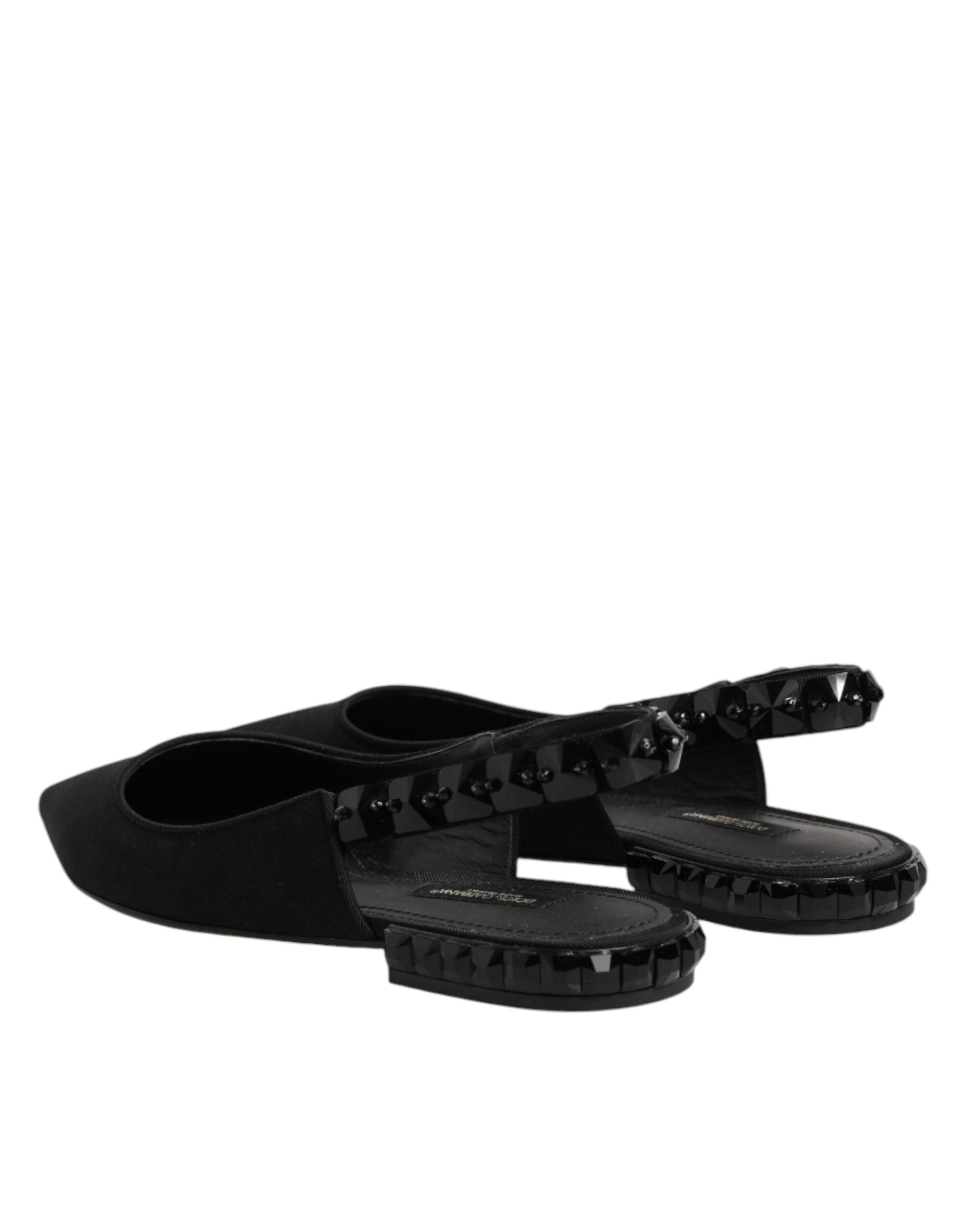 Chaussures à talons Dolce & Gabbana en crêpe de Chine noire avec cristaux, style slingback élégant.